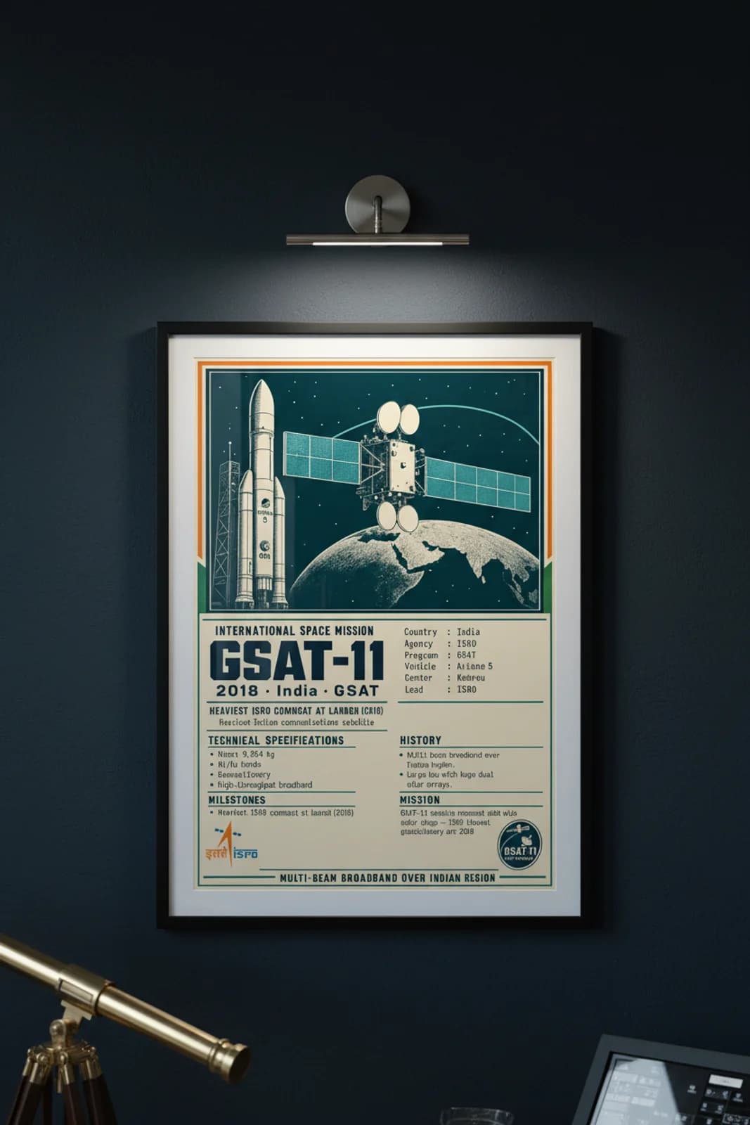 GSAT-11 international space print in black A2 frame on gsat-11-accent deep-navy wall — International Space mockup