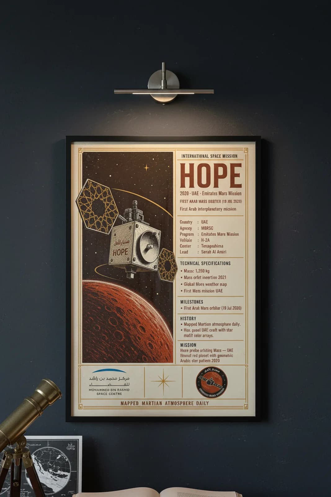Hope international space print in black A2 frame on hope-orbiter-accent deep-navy wall — International Space mockup