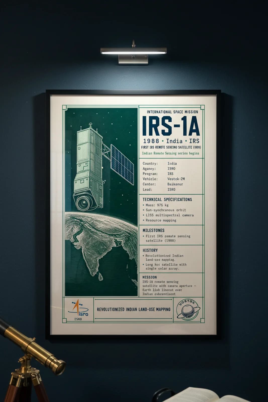 IRS-1A international space print in black A2 frame on irs-1a-accent deep-navy wall — International Space mockup