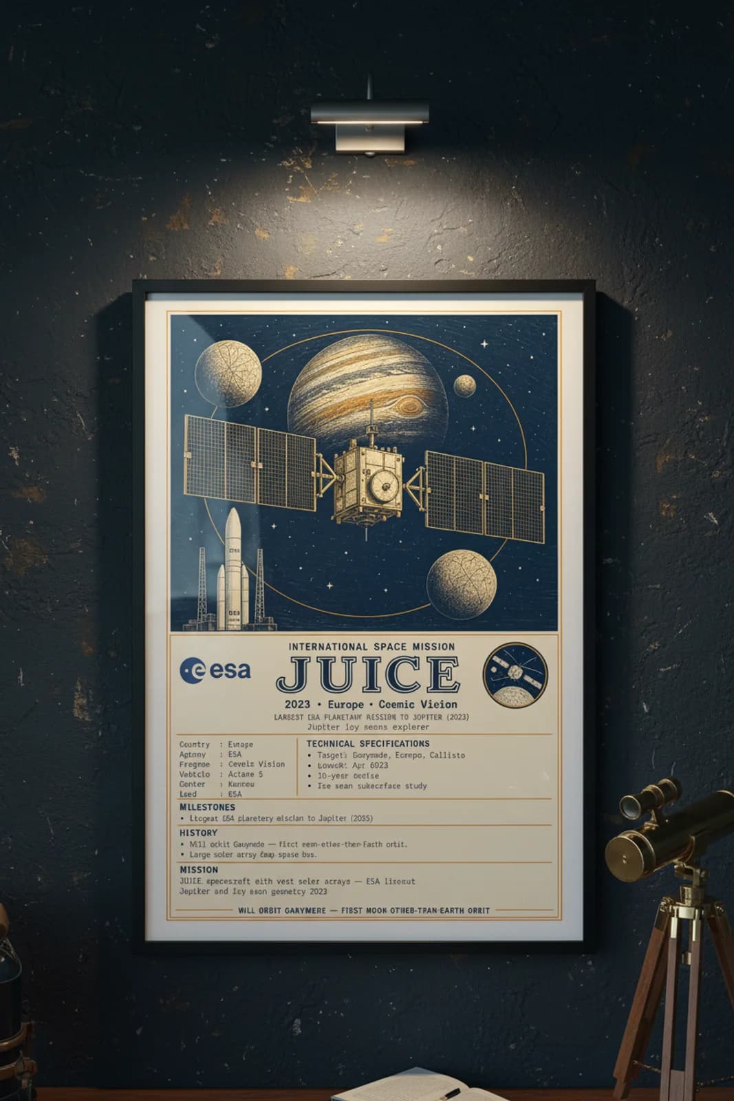 JUICE international space print in black A2 frame on juice-accent deep-navy wall — International Space mockup
