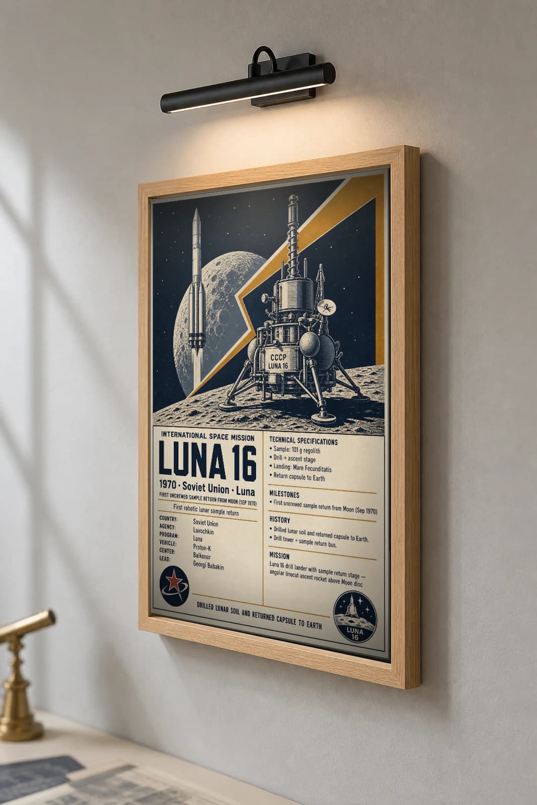 Luna 16 Poster — 1970 Lavochkin International Space Mission Print · framed A2 — the framed print shown at a three-quarter angle on a styled gallery wall in a natural-oak frame
