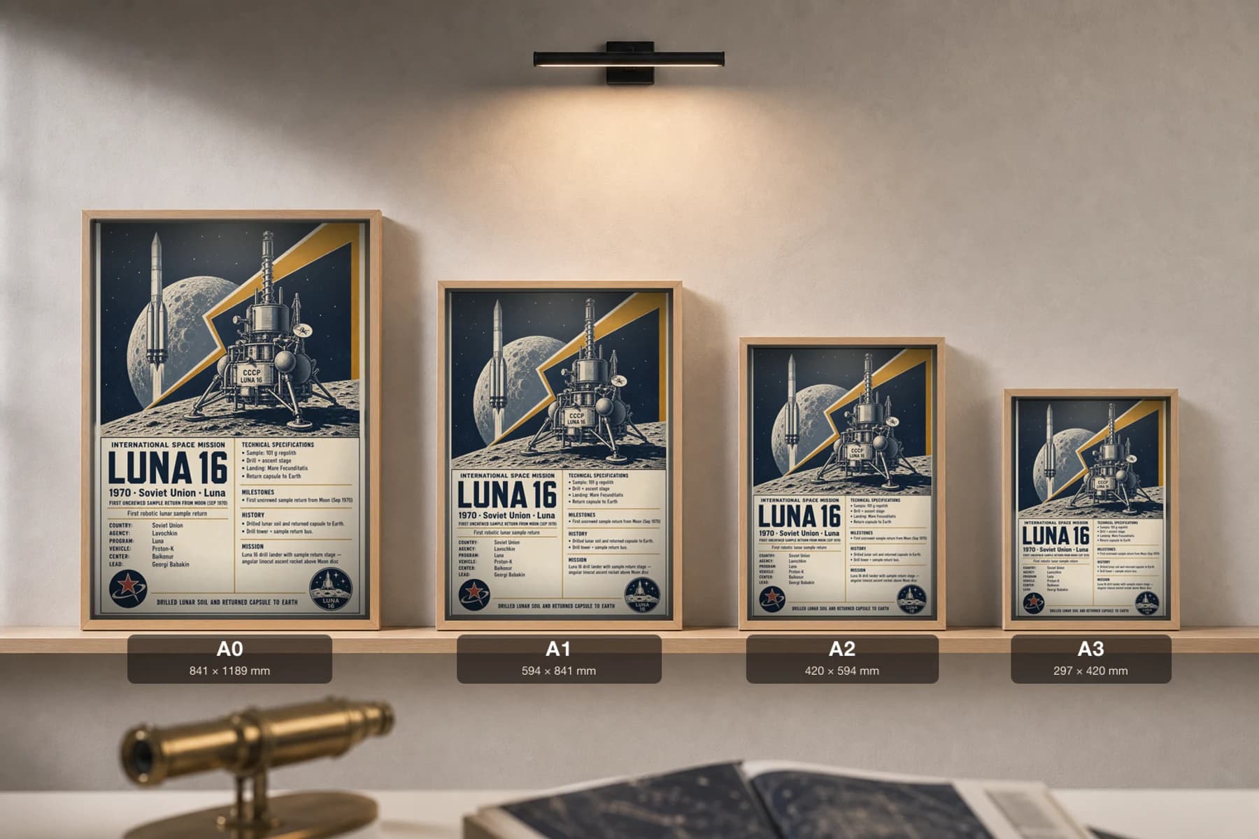 Luna 16 Poster — 1970 Lavochkin International Space Mission Print · framed A2 — print size guide showing the artwork at A0, A1, A2 and A3 in natural-oak frames at true relative scale
