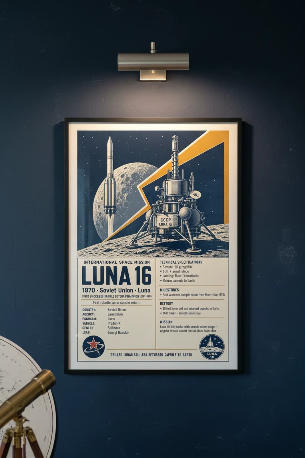 Luna 16 — International Space international space print in black A2 frame on luna-16-accent deep-navy wall — International Space mockup