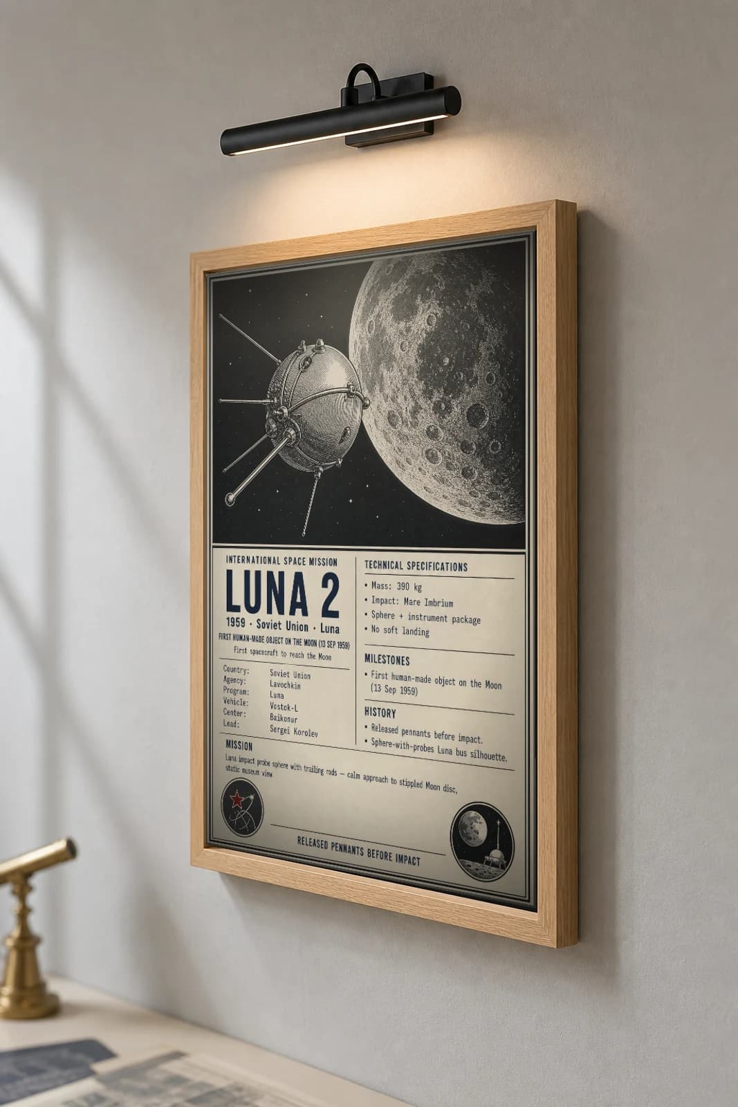 Luna 2 Poster — 1959 Lavochkin International Space Mission Print · framed A2 — the framed print shown at a three-quarter angle on a styled gallery wall in a natural-oak frame
