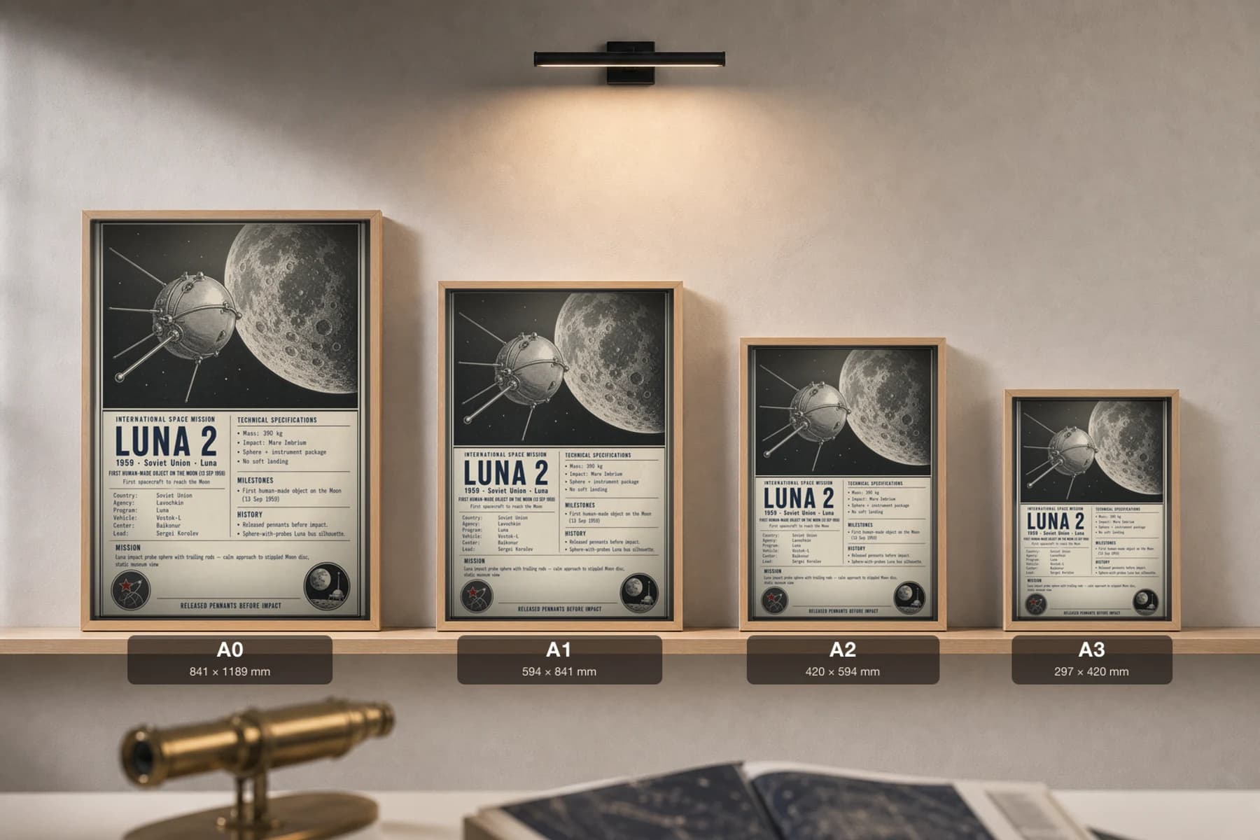 Luna 2 Poster — 1959 Lavochkin International Space Mission Print · framed A2 — print size guide showing the artwork at A0, A1, A2 and A3 in natural-oak frames at true relative scale
