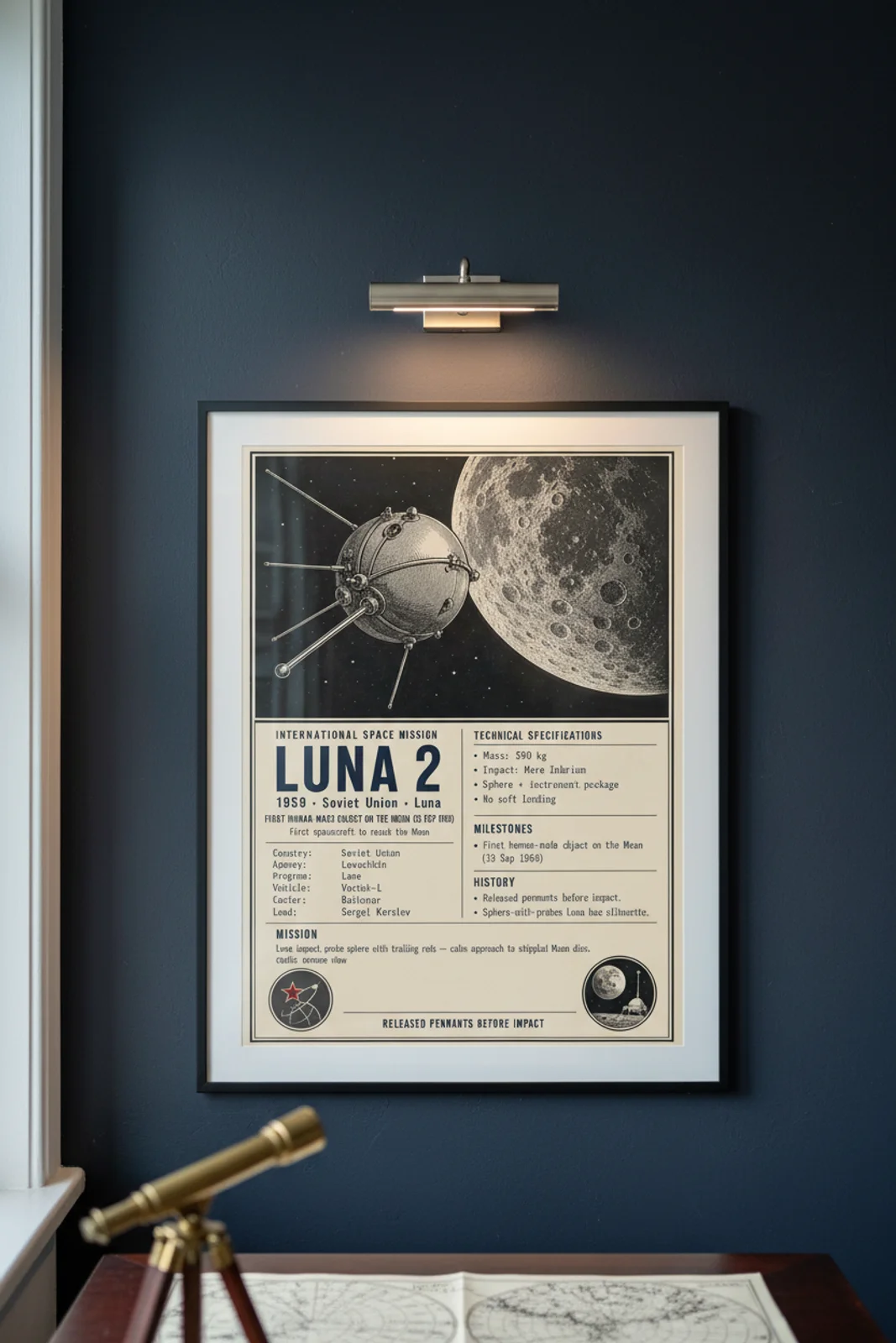 Luna 2 — International Space international space print in black A2 frame on luna-2-accent deep-navy wall — International Space mockup