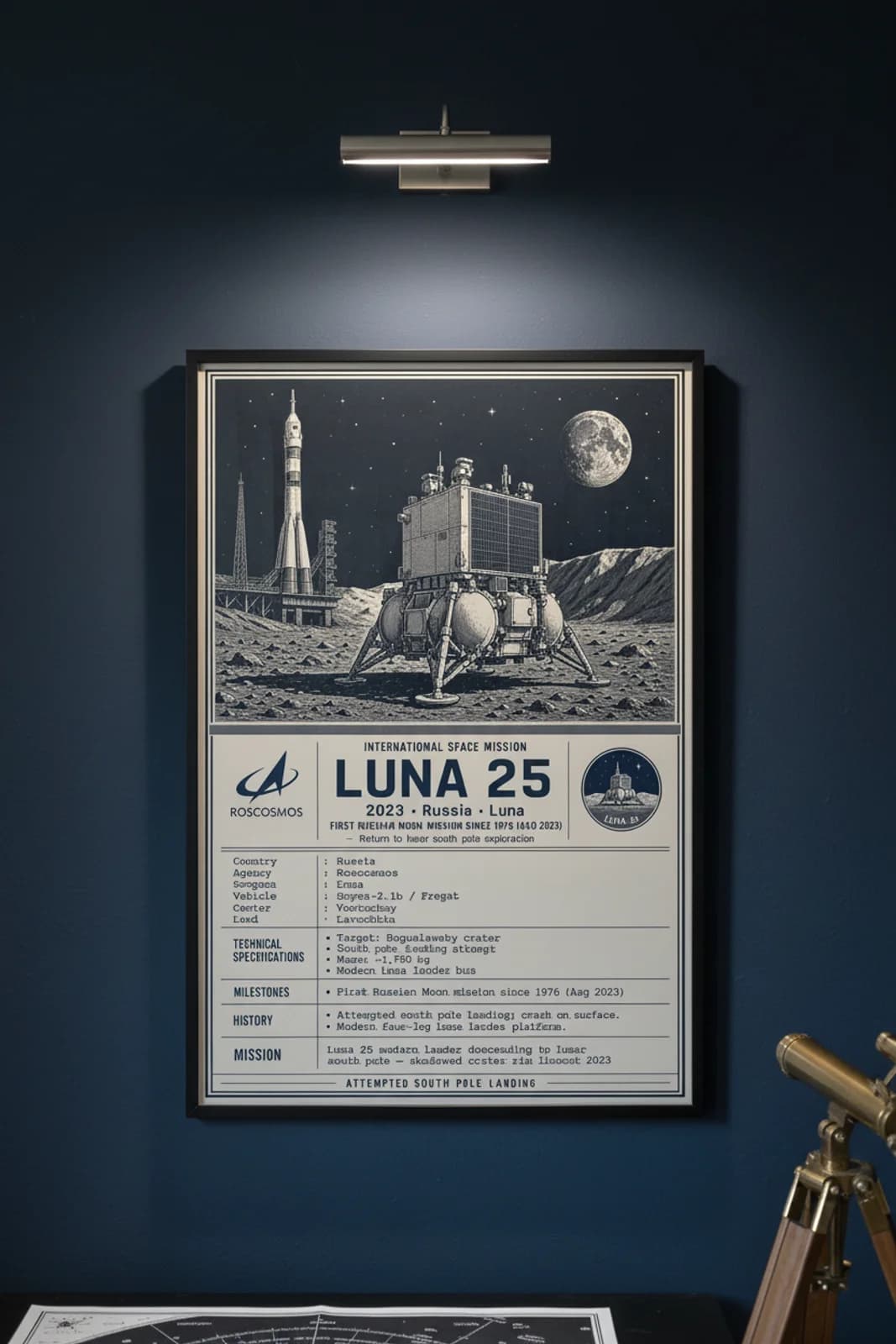 Luna 25 international space print in black A2 frame on luna-25-accent deep-navy wall — International Space mockup