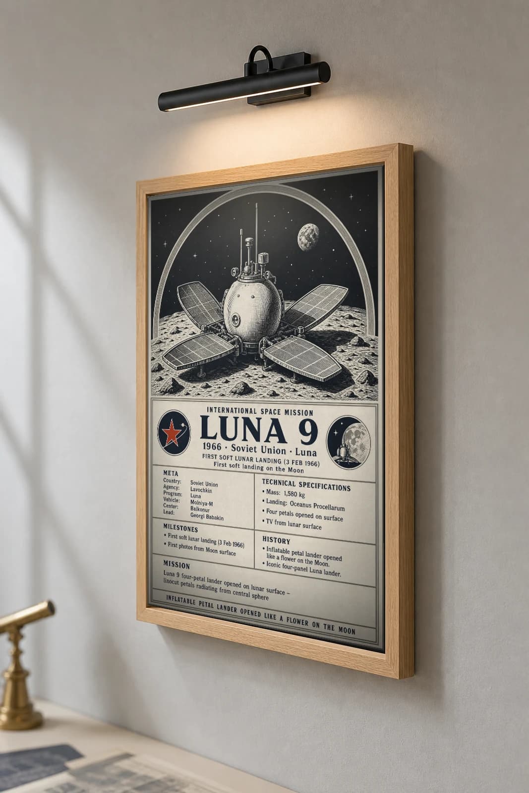 Luna 9 Poster — 1966 Lavochkin International Space Mission Print · framed A2 — the framed print shown at a three-quarter angle on a styled gallery wall in a natural-oak frame