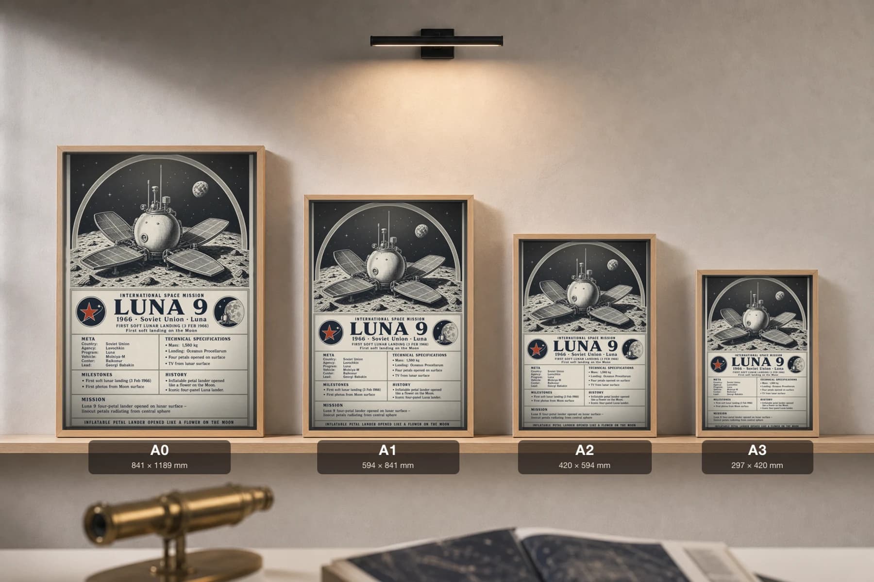 Luna 9 Poster — 1966 Lavochkin International Space Mission Print · framed A2 — print size guide showing the artwork at A0, A1, A2 and A3 in natural-oak frames at true relative scale
