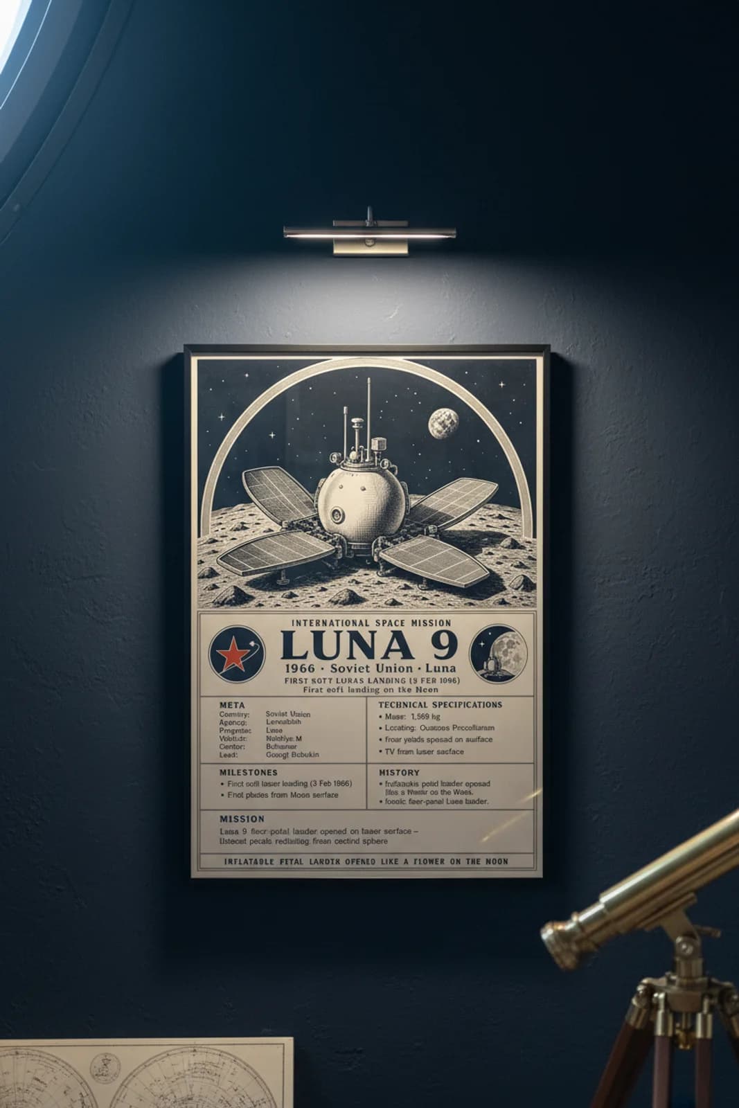 Luna 9 — International Space international space print in black A2 frame on luna-9-accent deep-navy wall — International Space mockup
