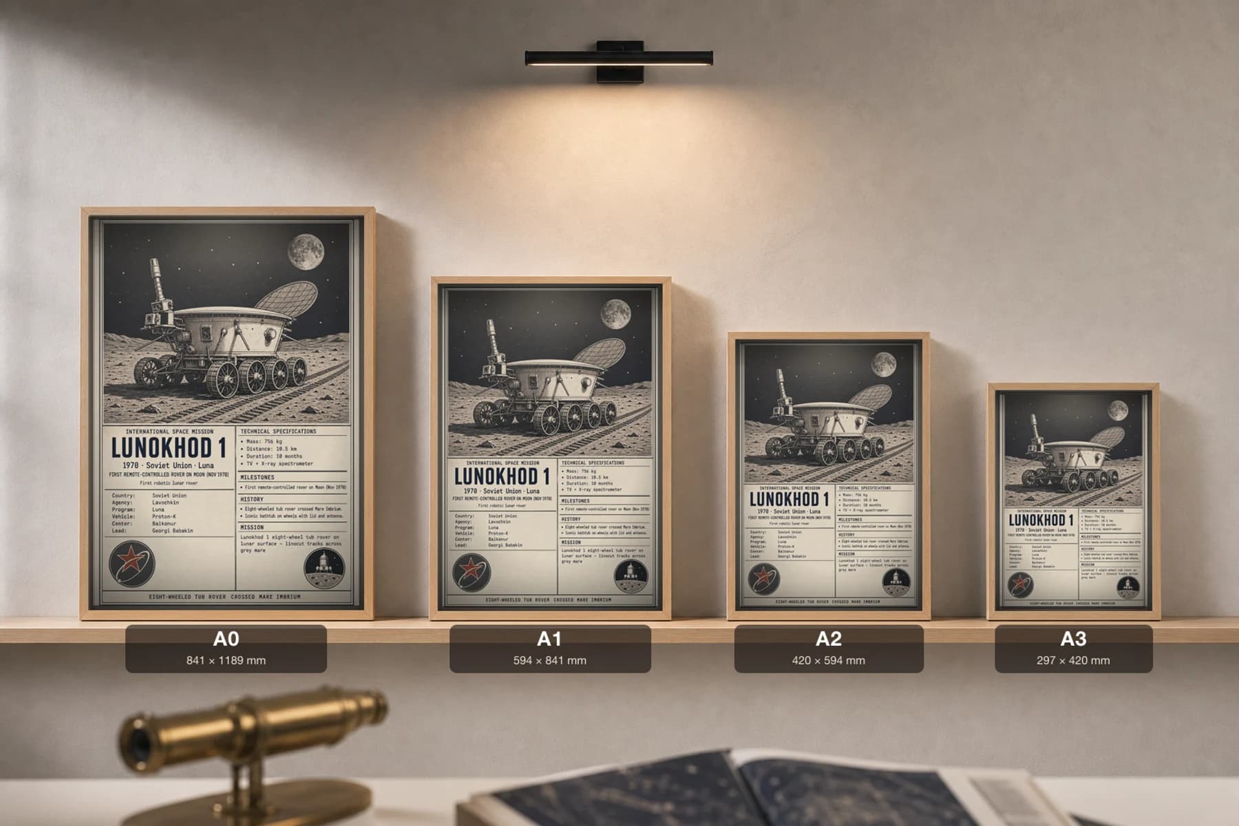 Lunokhod 1 Poster — 1970 Lavochkin International Space Mission Print · framed A2 — print size guide showing the artwork at A0, A1, A2 and A3 in natural-oak frames at true relative scale