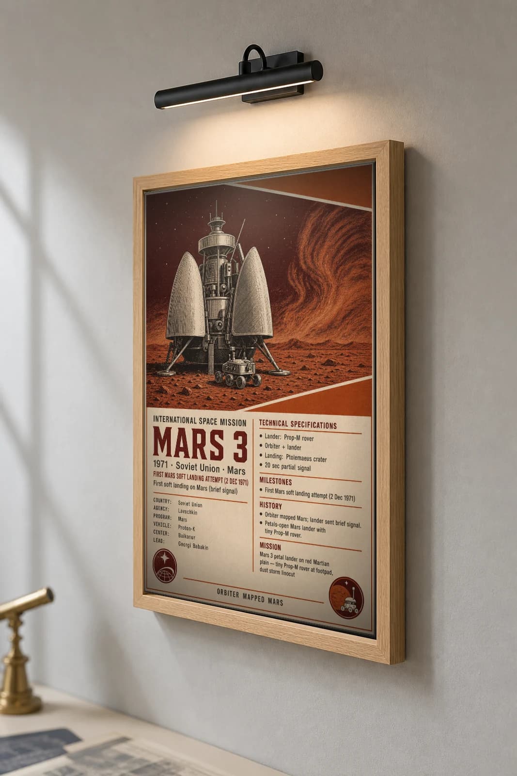 Mars 3 Poster — 1971 Lavochkin International Space Mission Print · framed A2 — the framed print shown at a three-quarter angle on a styled gallery wall in a natural-oak frame