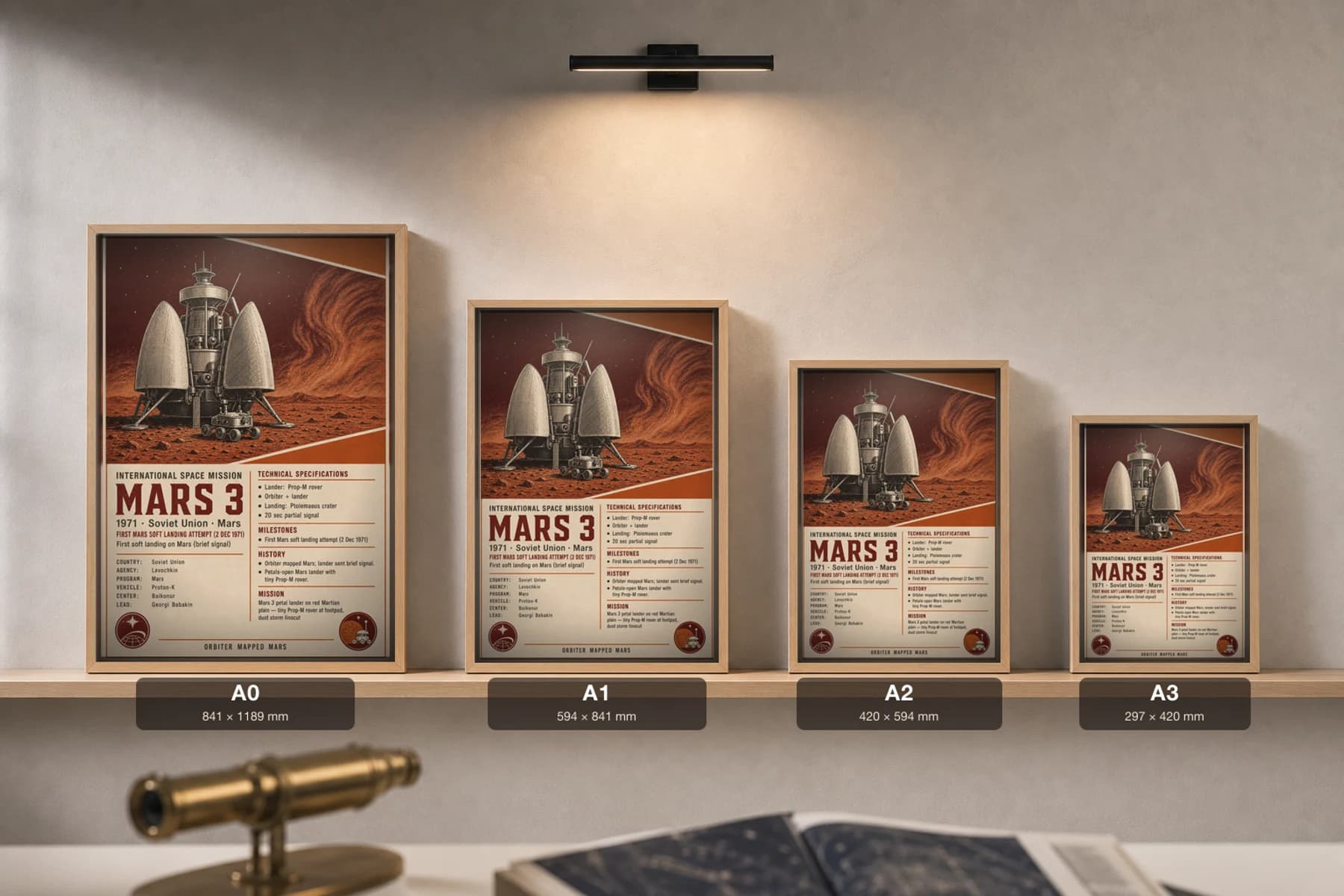 Mars 3 Poster — 1971 Lavochkin International Space Mission Print · framed A2 — print size guide showing the artwork at A0, A1, A2 and A3 in natural-oak frames at true relative scale