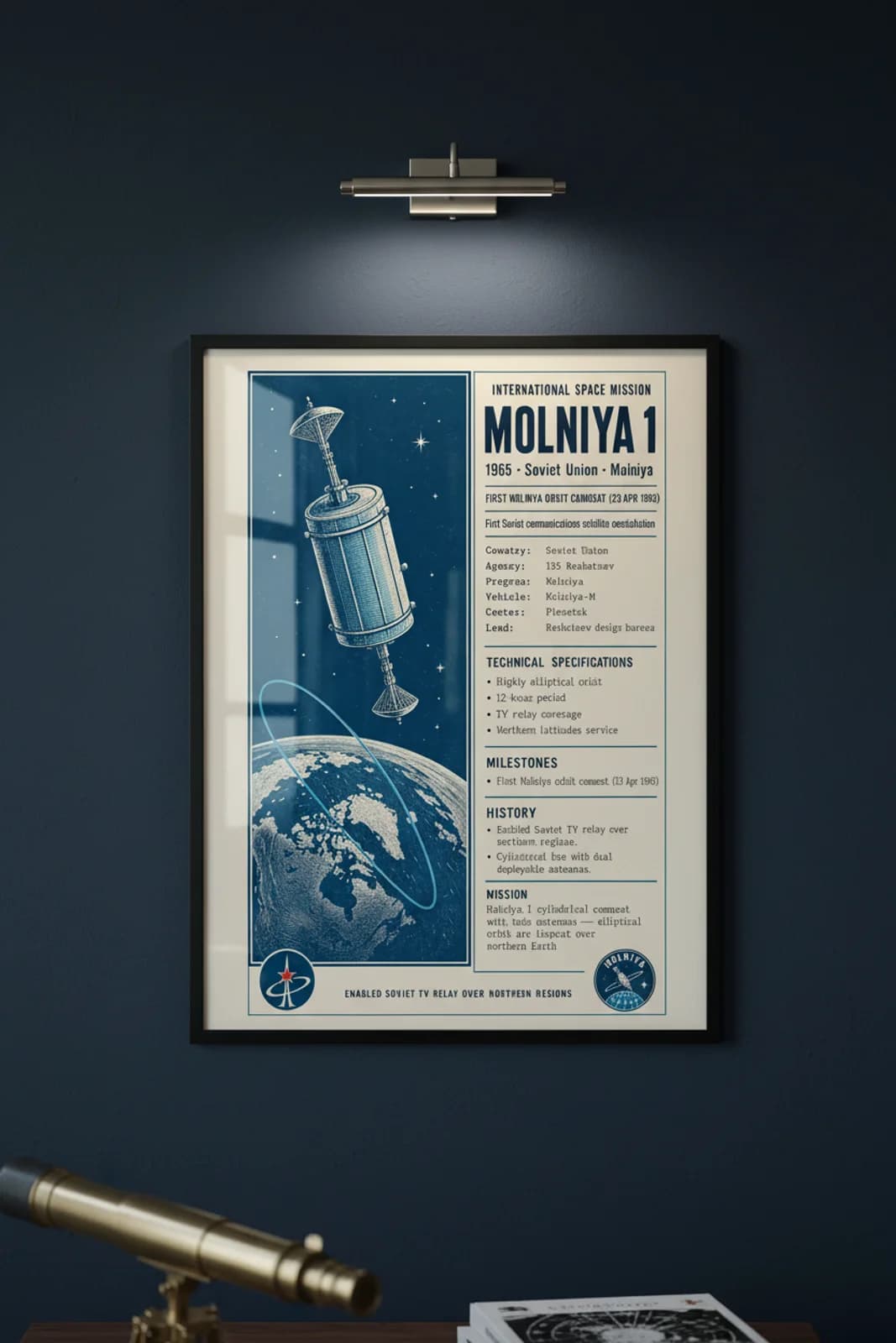 Molniya 1 international space print in black A2 frame on molniya-1-accent deep-navy wall — International Space mockup