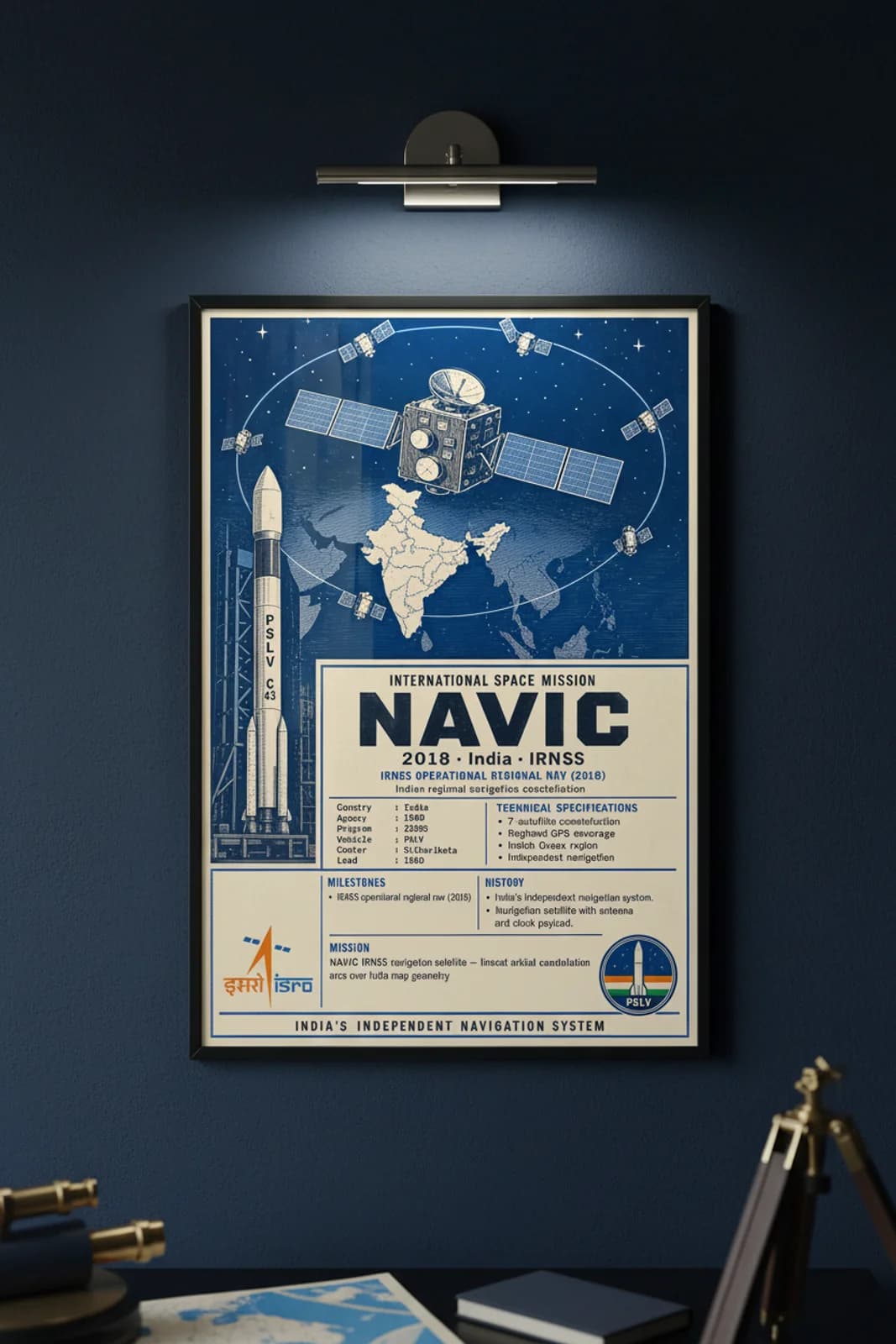 NAVIC international space print in black A2 frame on navic-irnss-accent deep-navy wall — International Space mockup