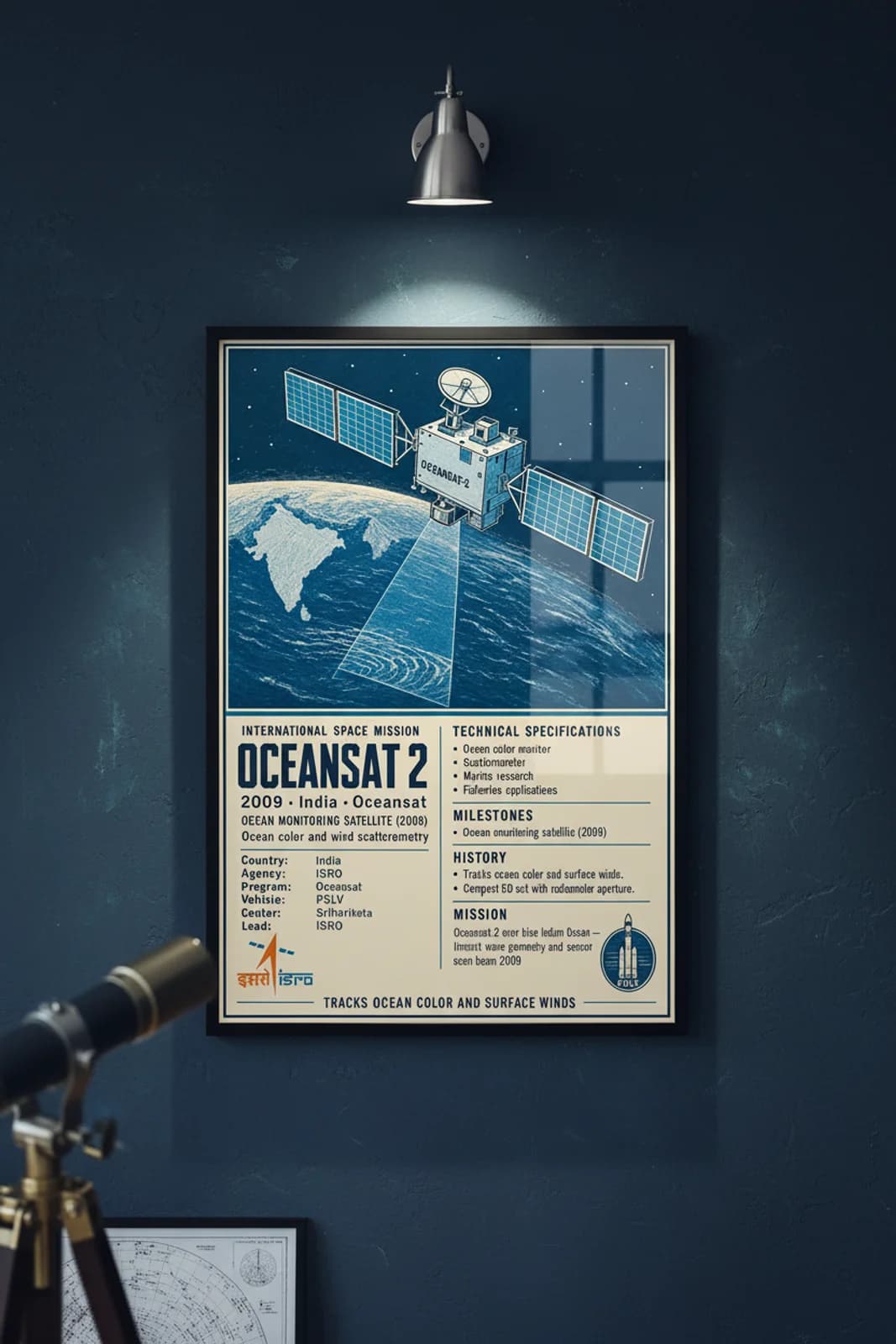 Oceansat 2 international space print in black A2 frame on oceansat-2-accent deep-navy wall — International Space mockup