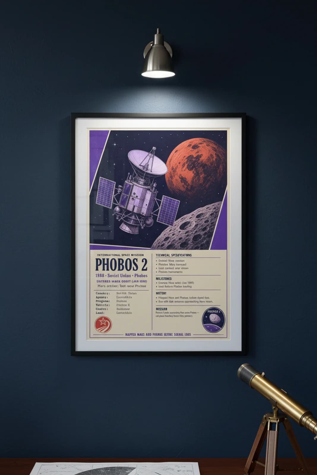 Phobos 2 international space print in black A2 frame on phobos-2-accent deep-navy wall — International Space mockup