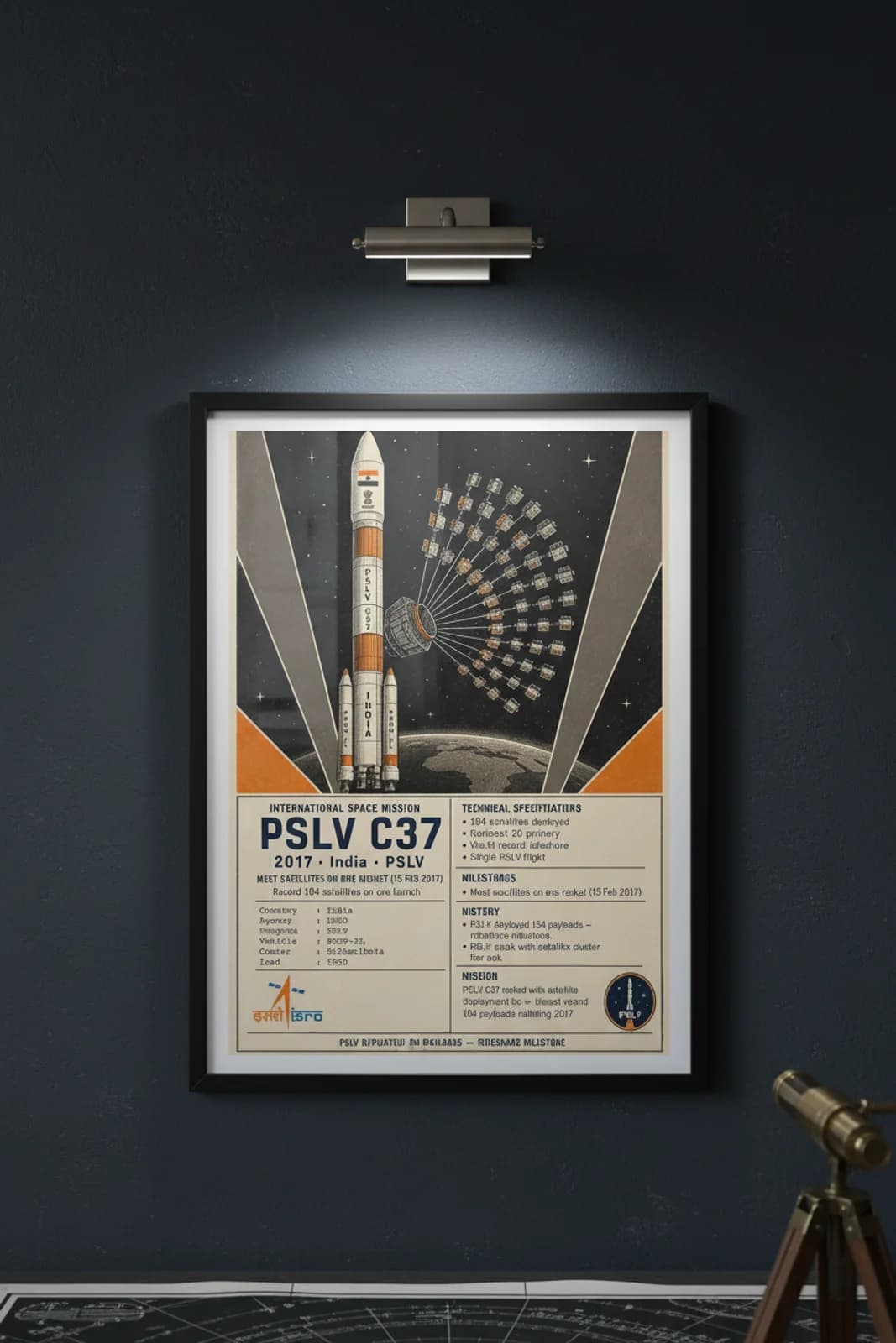 PSLV C37 international space print in black A2 frame on pslv-c37-accent deep-navy wall — International Space mockup