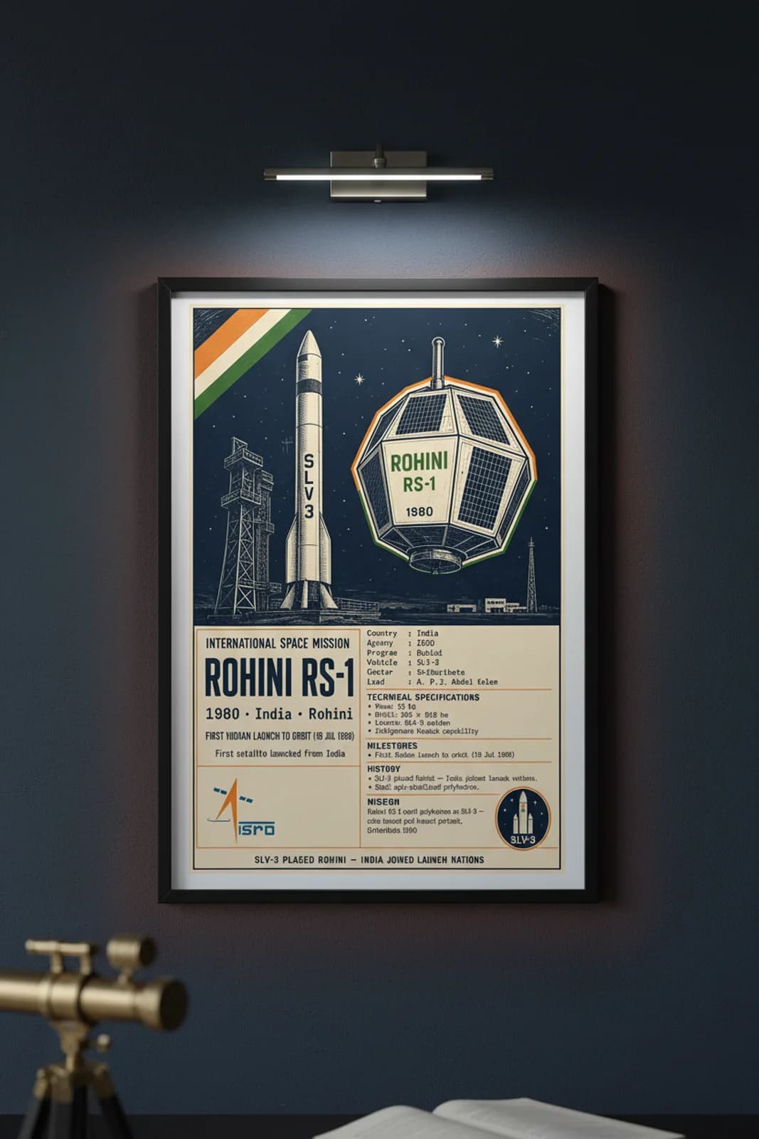 Rohini RS-1 international space print in black A2 frame on rohini-rs1-accent deep-navy wall — International Space mockup