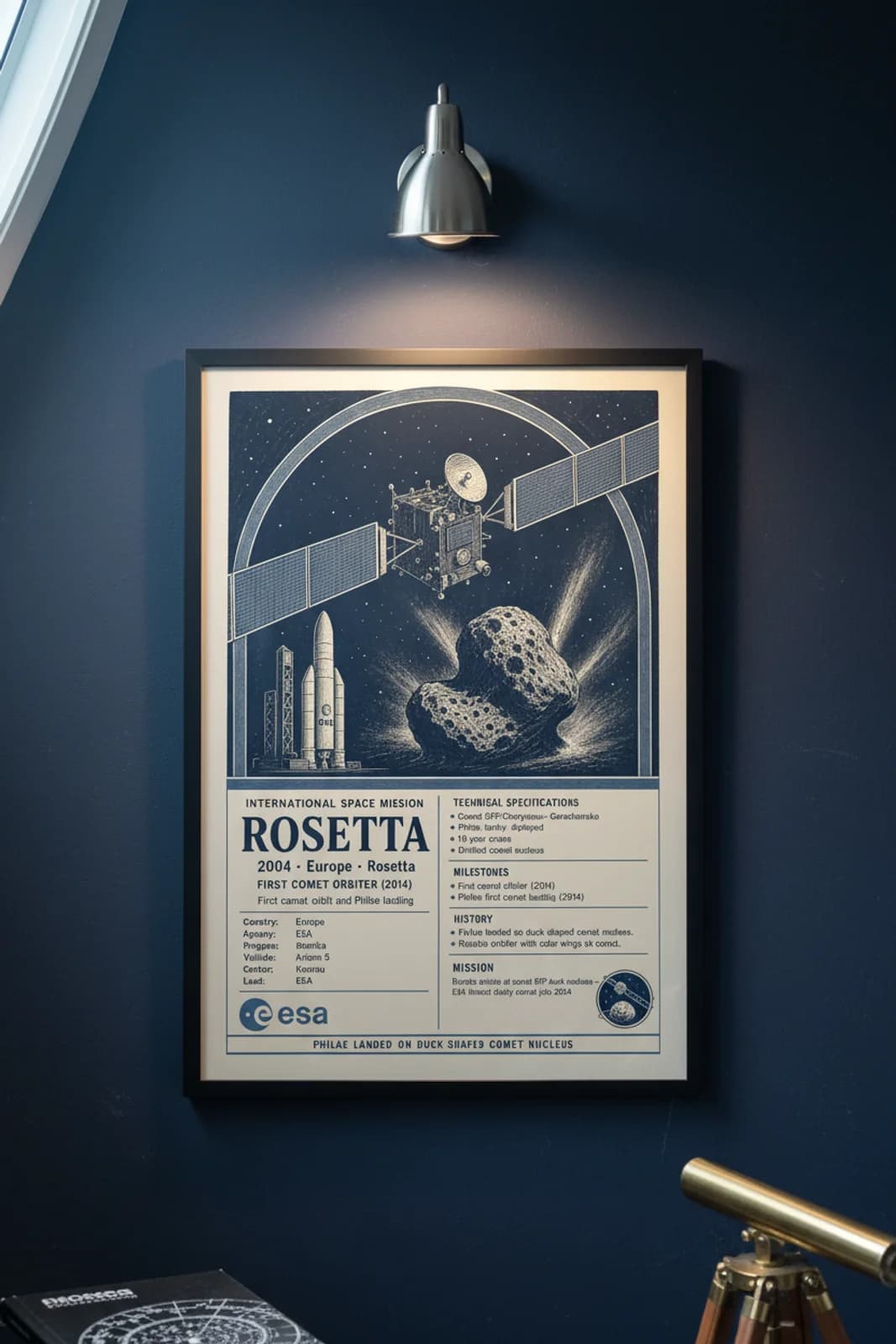 Rosetta international space print in black A2 frame on rosetta-accent deep-navy wall — International Space mockup