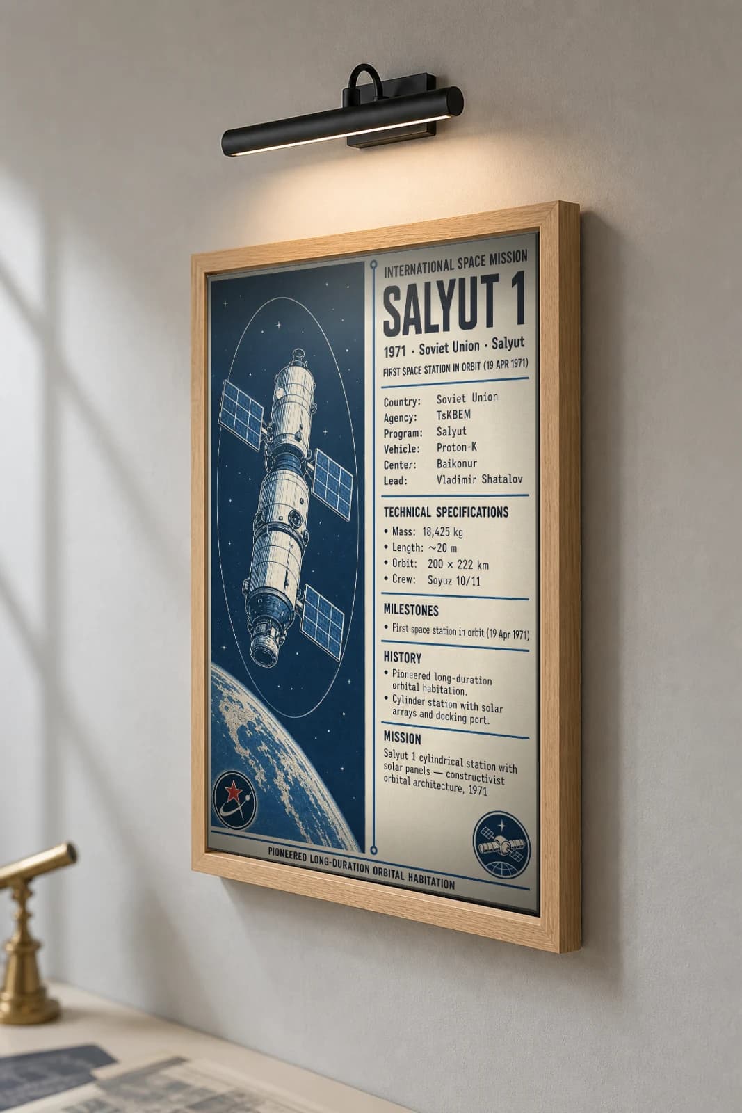 Salyut 1 Poster — 1971 TsKBEM International Space Mission Print · framed A2 — the framed print shown at a three-quarter angle on a styled gallery wall in a natural-oak frame