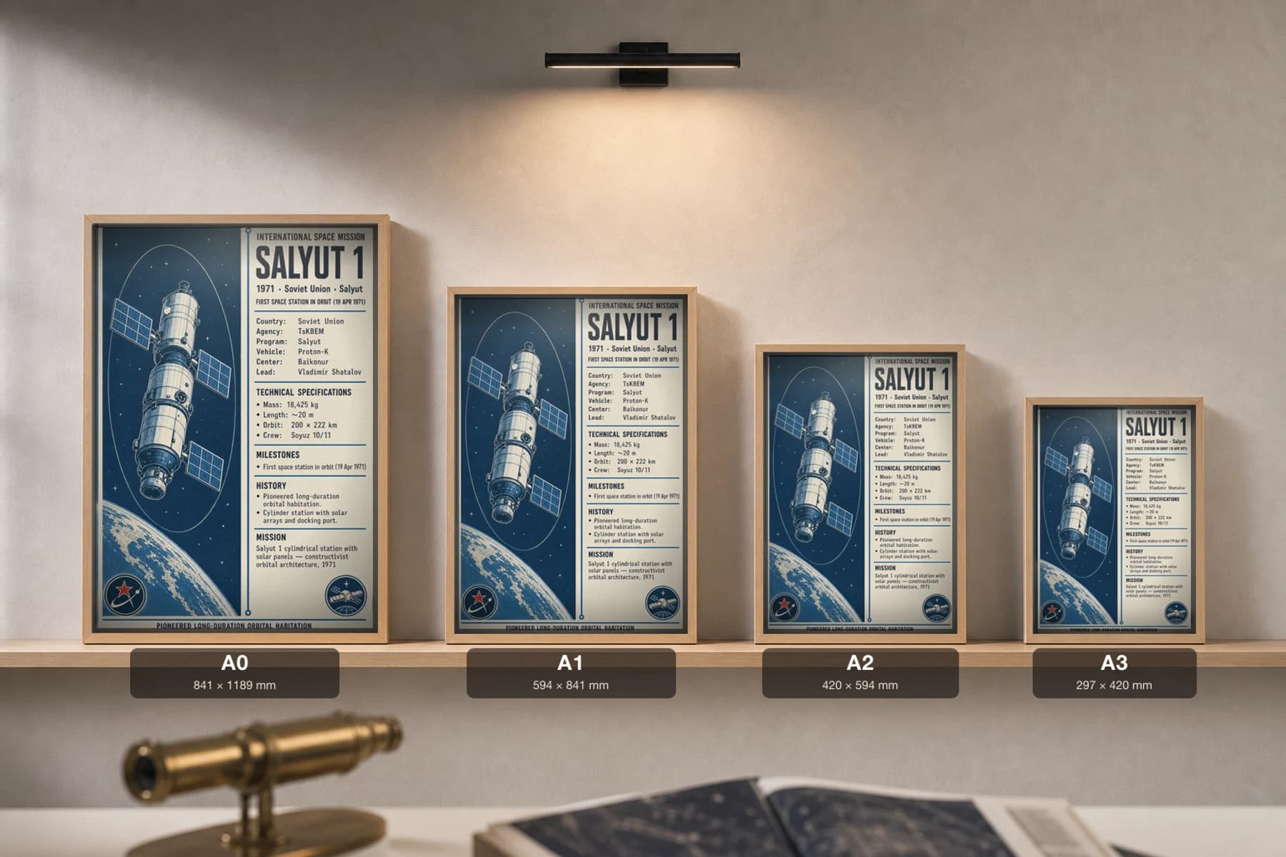 Salyut 1 Poster — 1971 TsKBEM International Space Mission Print · framed A2 — print size guide showing the artwork at A0, A1, A2 and A3 in natural-oak frames at true relative scale