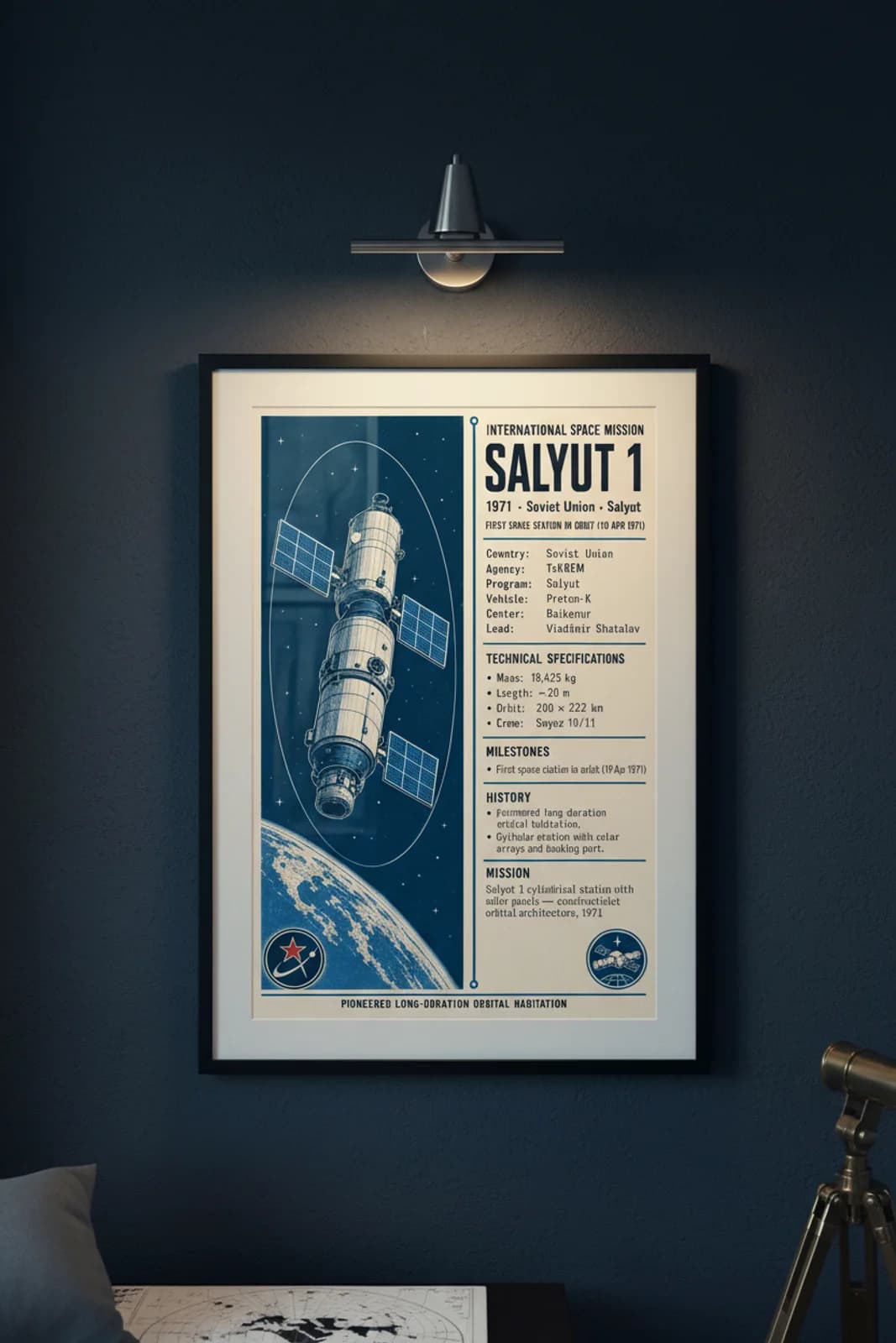 Salyut 1 — International Space international space print in black A2 frame on salyut-1-accent deep-navy wall — International Space mockup