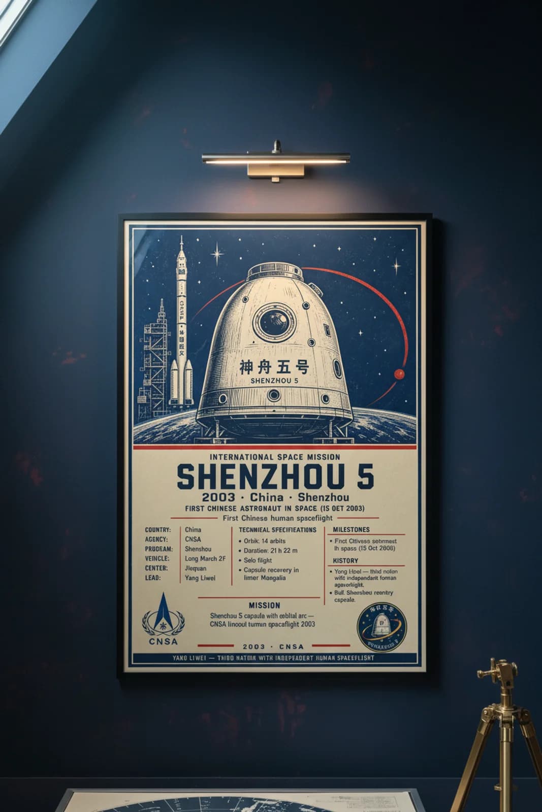Shenzhou 5 international space print in black A2 frame on shenzhou-5-accent deep-navy wall — International Space mockup