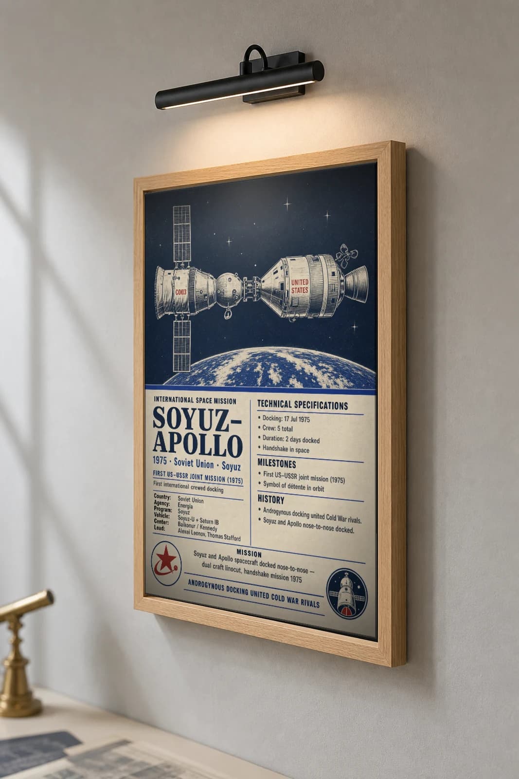 Soyuz–Apollo Poster — 1975 Energia International Space Mission Print · framed A2 — the framed print shown at a three-quarter angle on a styled gallery wall in a natural-oak frame