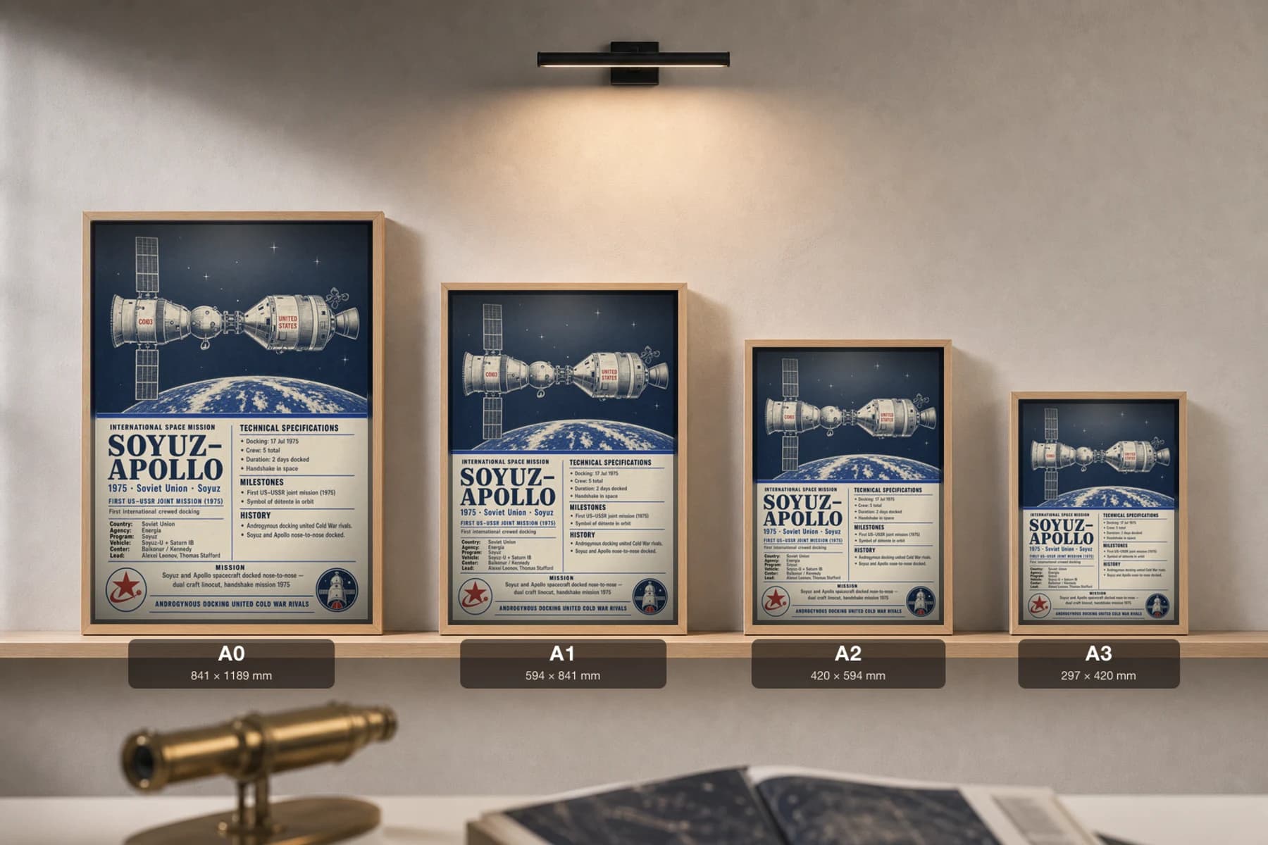 Soyuz–Apollo Poster — 1975 Energia International Space Mission Print · framed A2 — print size guide showing the artwork at A0, A1, A2 and A3 in natural-oak frames at true relative scale