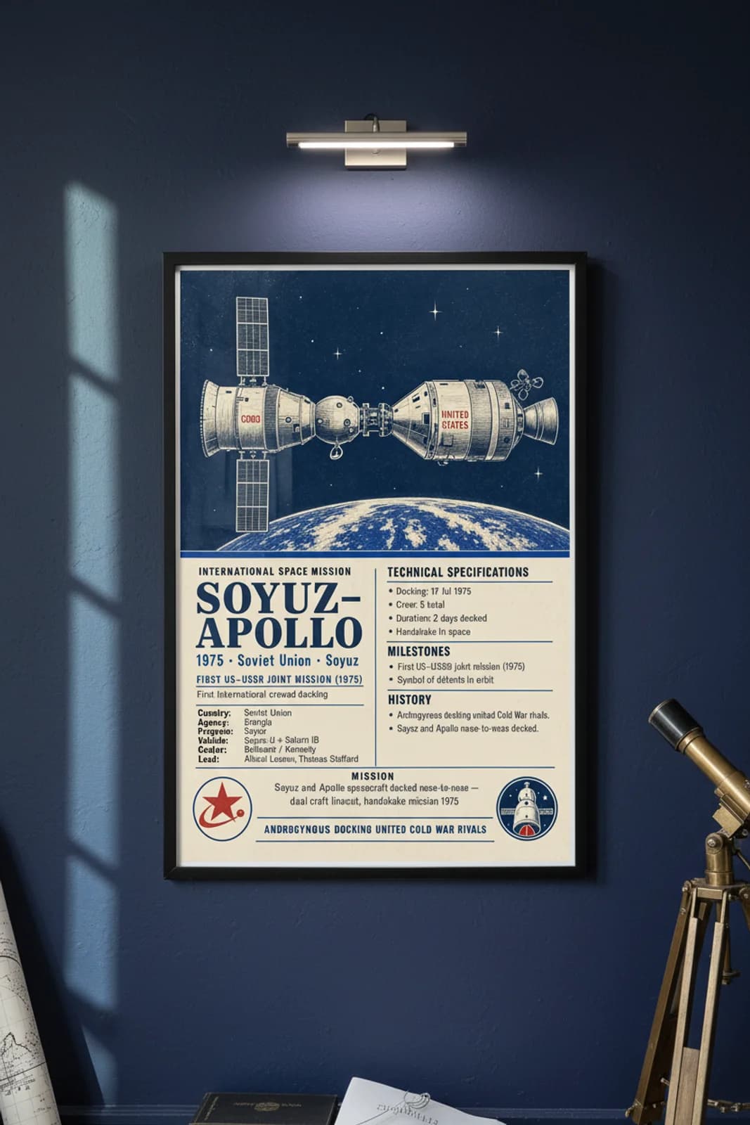 Soyuz–Apollo — International Space international space print in black A2 frame on soyuz-apollo-accent deep-navy wall — International Space mockup