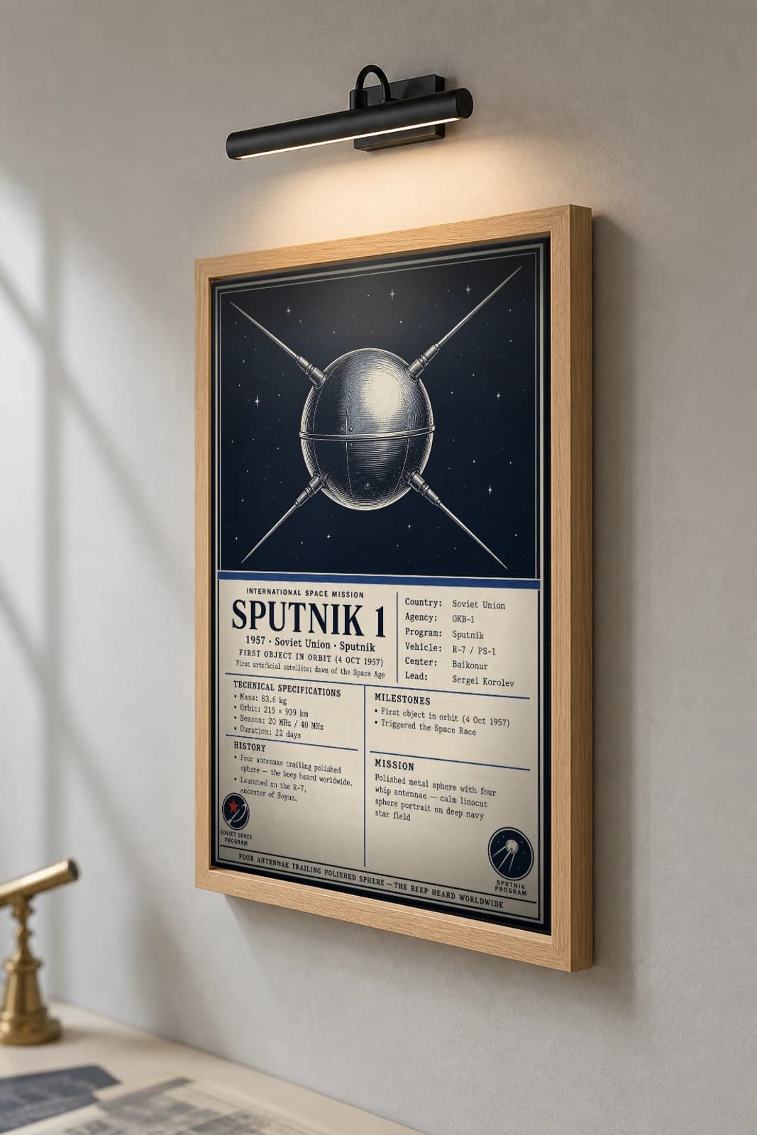 Sputnik 1 Poster — 1957 OKB-1 International Space Mission Print · framed A2 — the framed print shown at a three-quarter angle on a styled gallery wall in a natural-oak frame