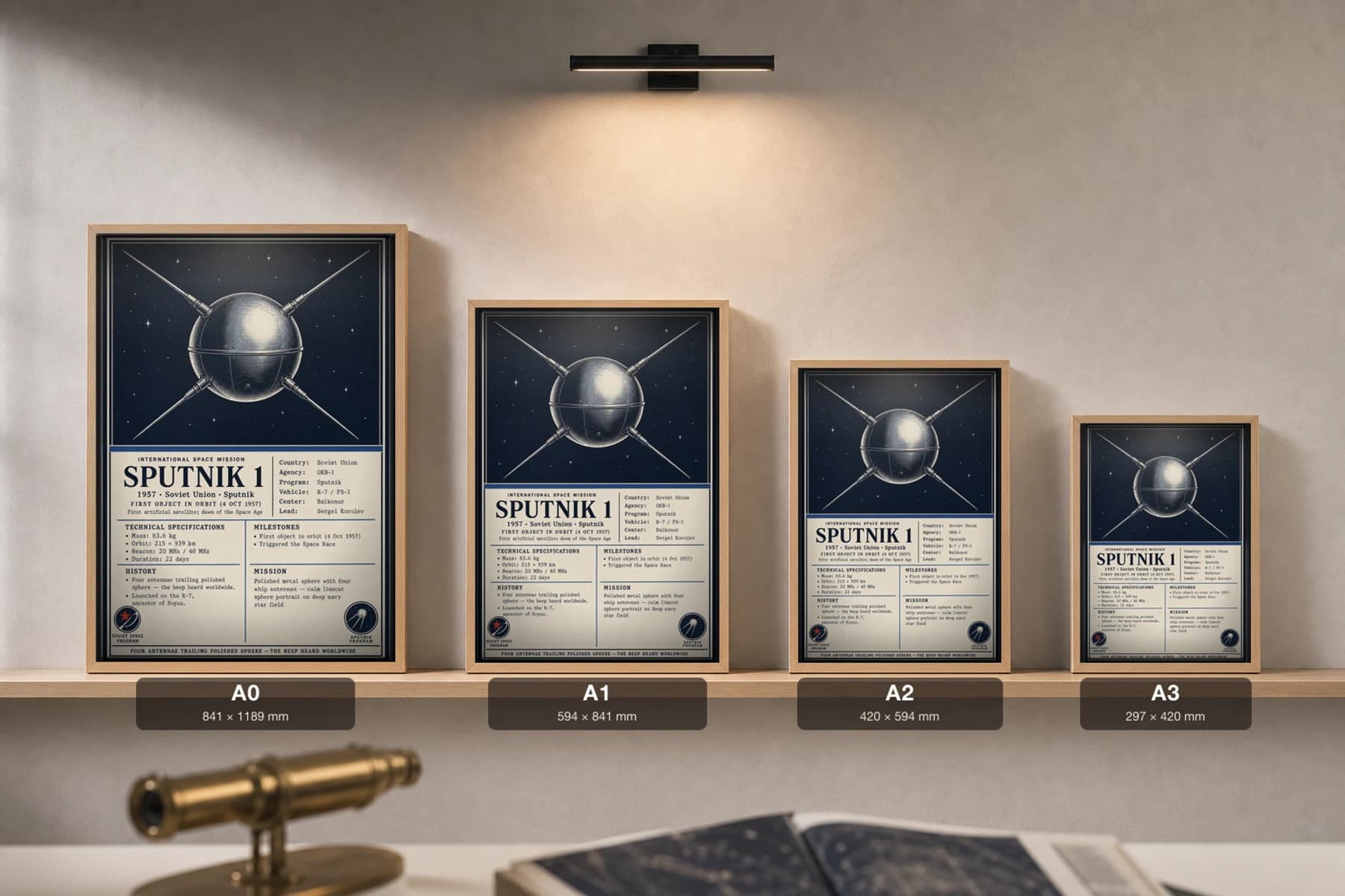 Sputnik 1 Poster — 1957 OKB-1 International Space Mission Print · framed A2 — print size guide showing the artwork at A0, A1, A2 and A3 in natural-oak frames at true relative scale