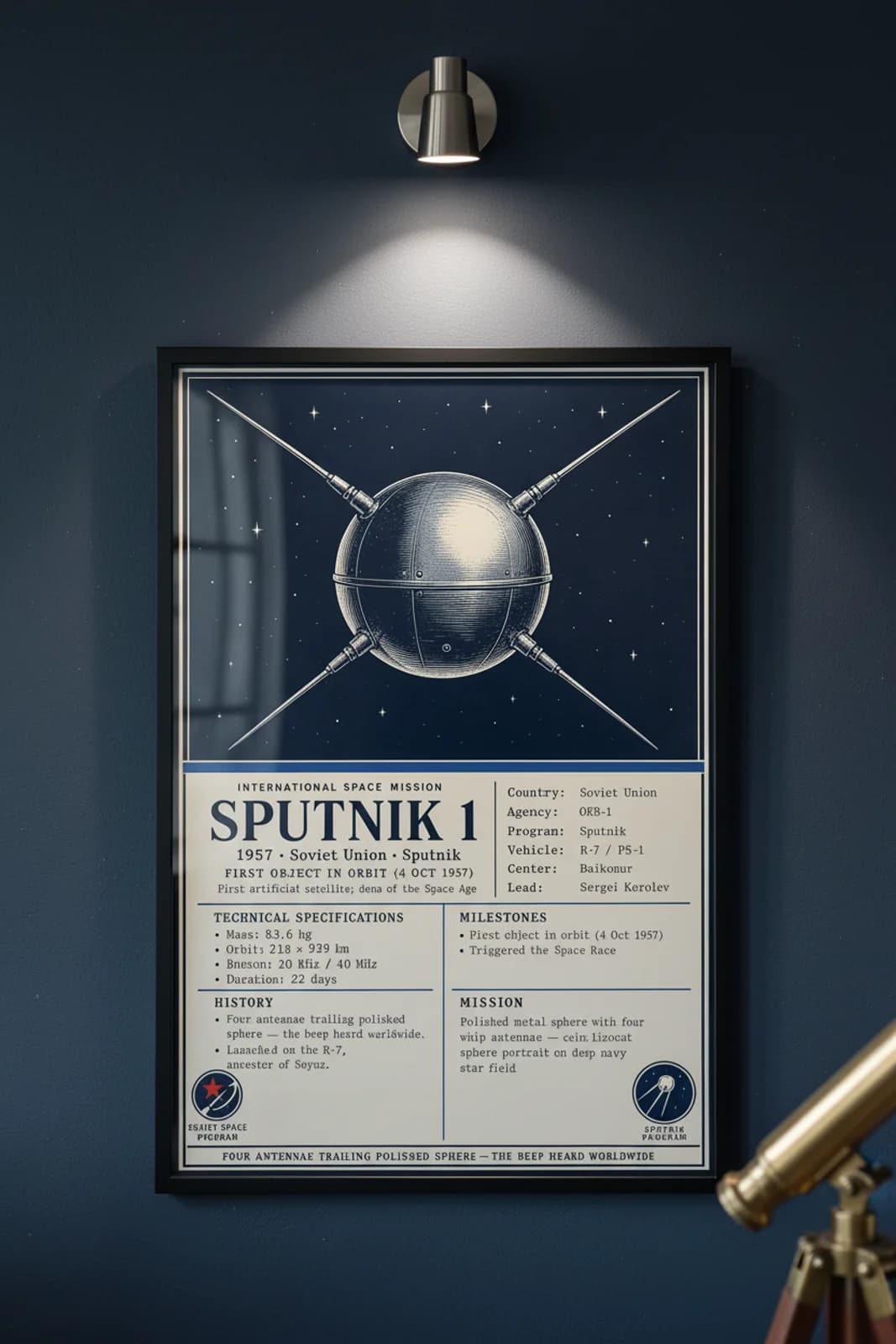 Sputnik 1 — International Space international space print in black A2 frame on sputnik-1-accent deep-navy wall — International Space mockup