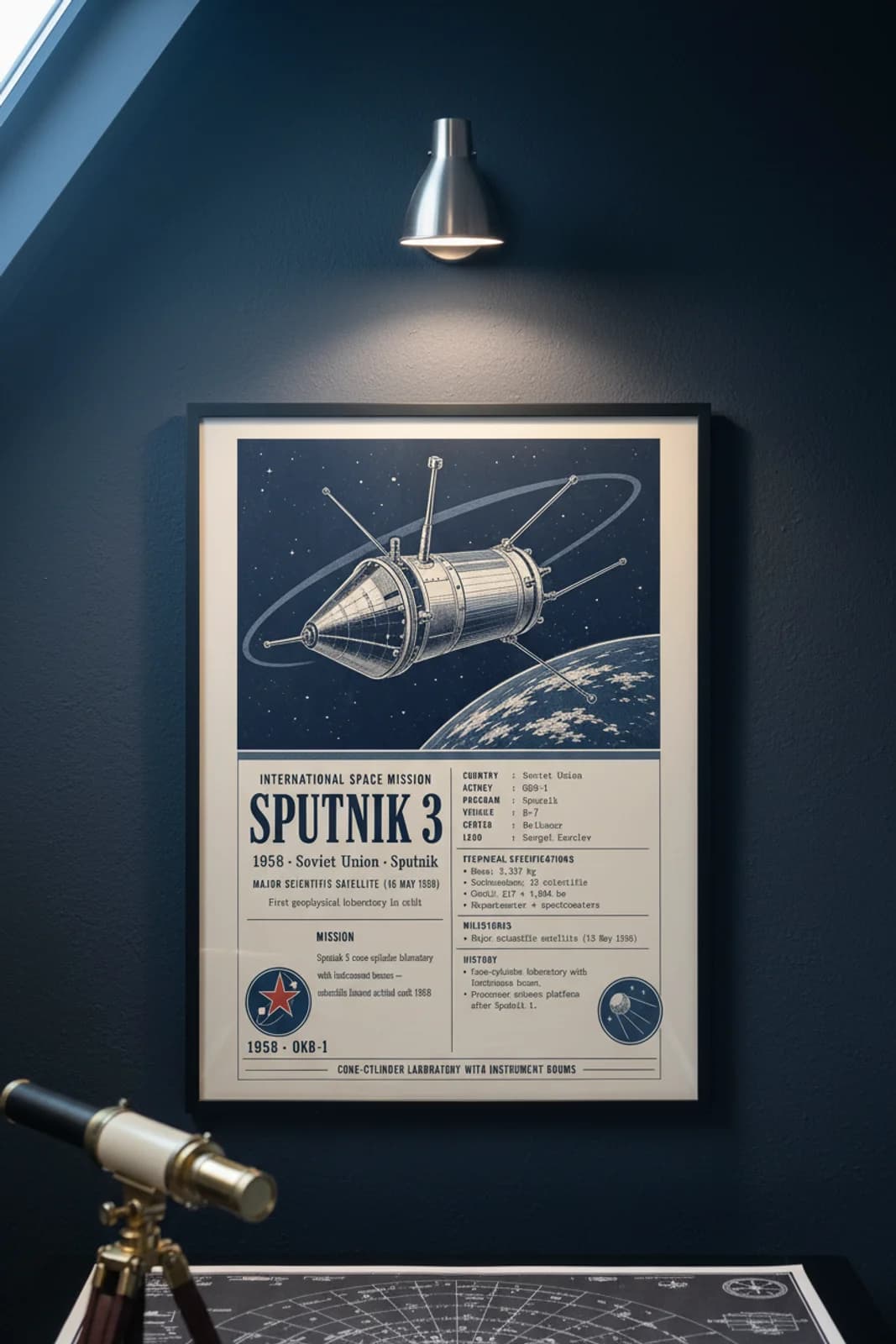 Sputnik 3 international space print in black A2 frame on sputnik-3-accent deep-navy wall — International Space mockup