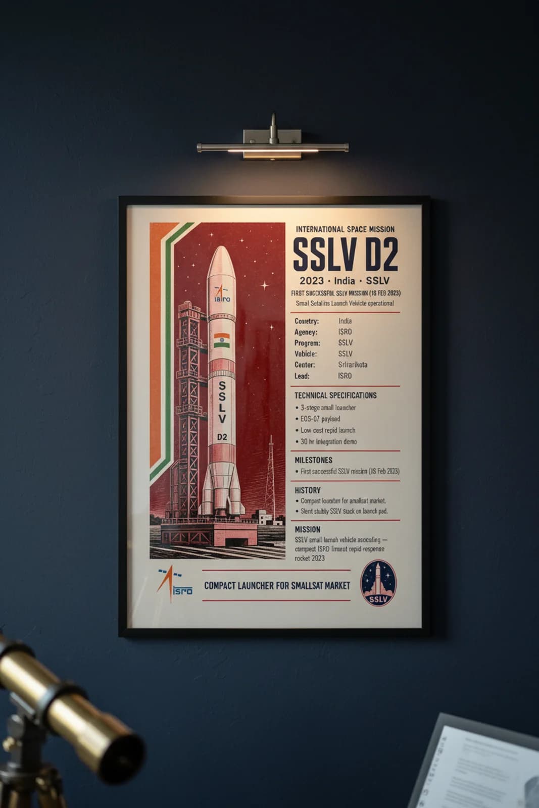SSLV D2 international space print in black A2 frame on sslv-d2-accent deep-navy wall — International Space mockup
