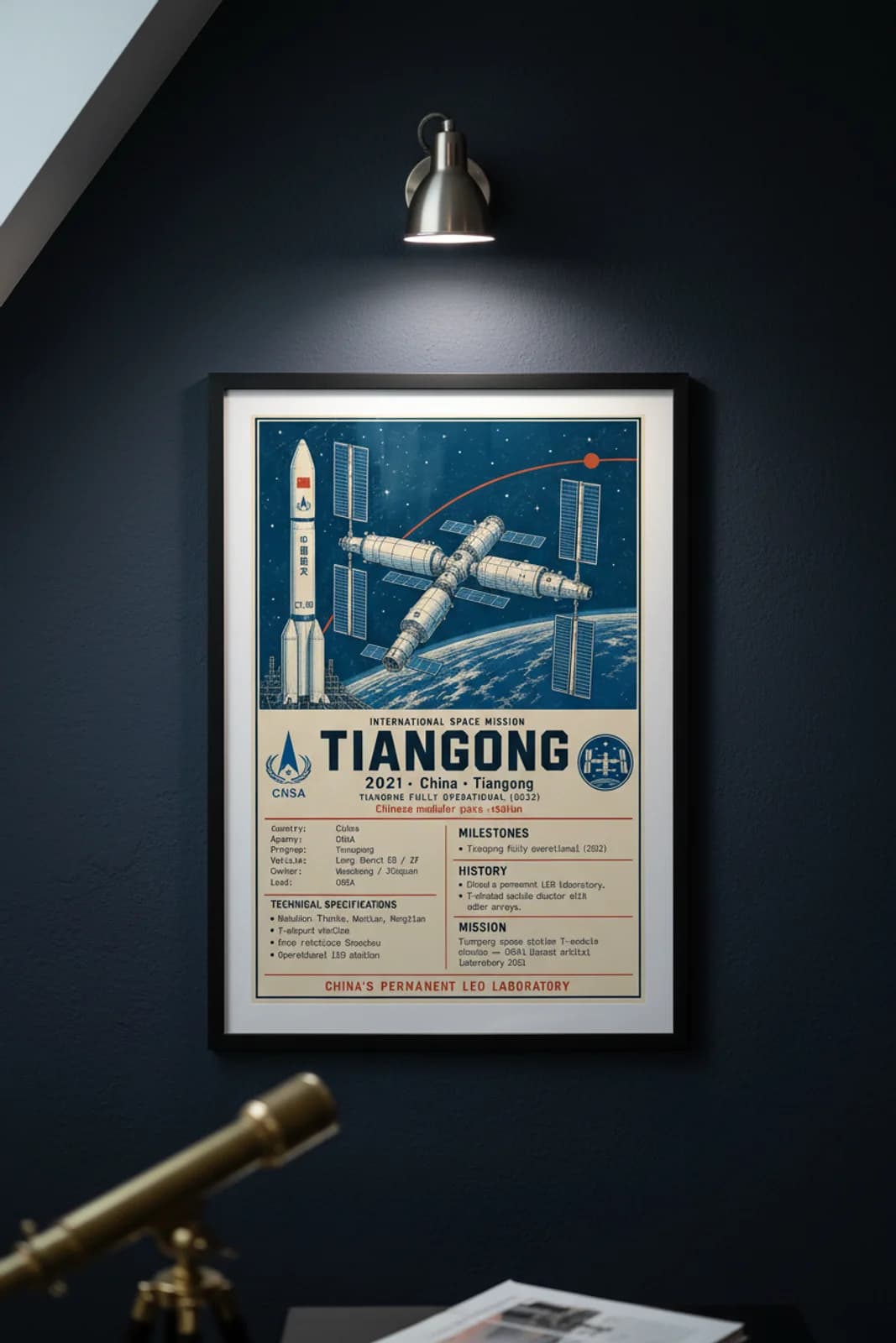 Tiangong international space print in black A2 frame on tiangong-station-accent deep-navy wall — International Space mockup