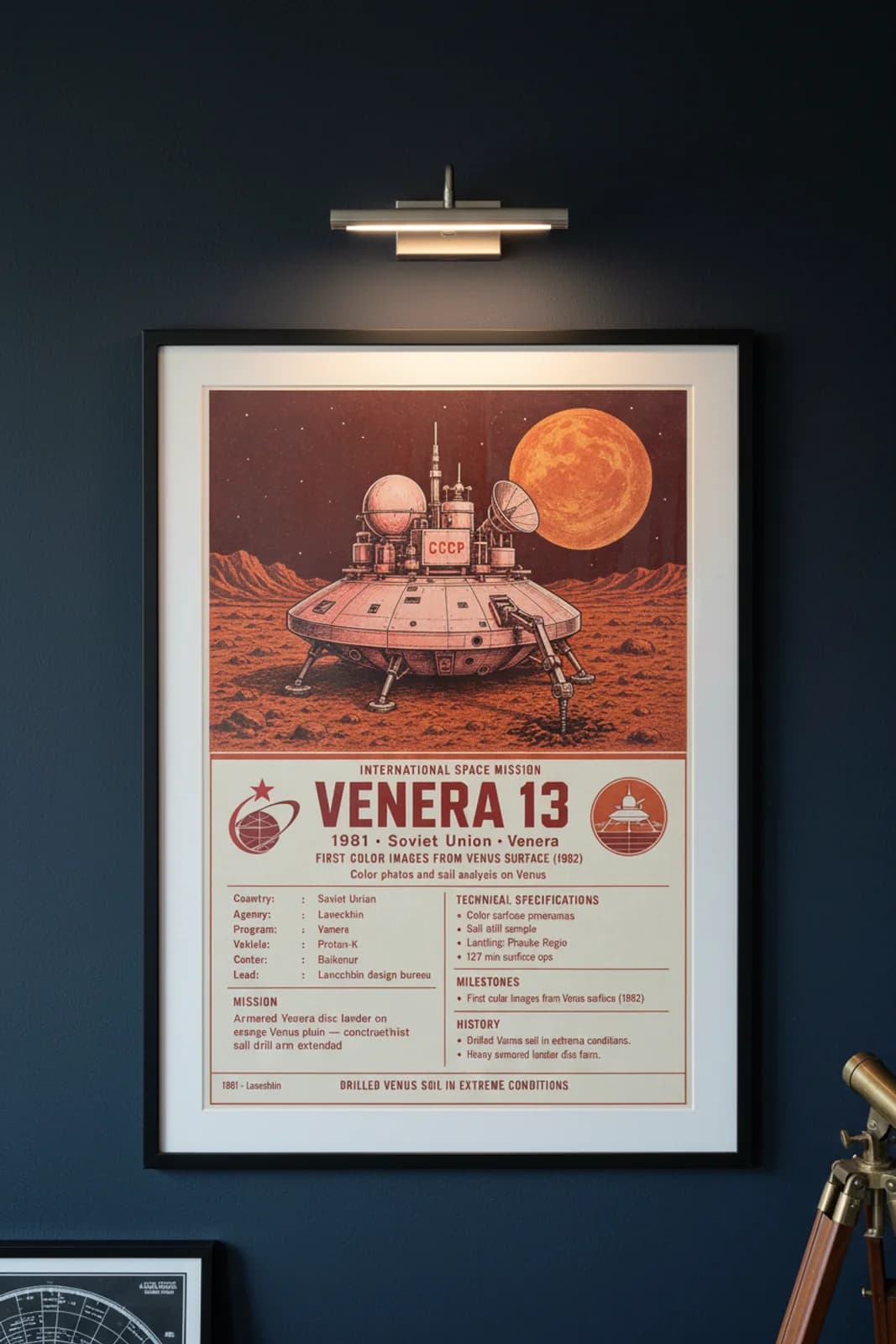 Venera 13 — International Space international space print in black A2 frame on venera-13-accent deep-navy wall — International Space mockup