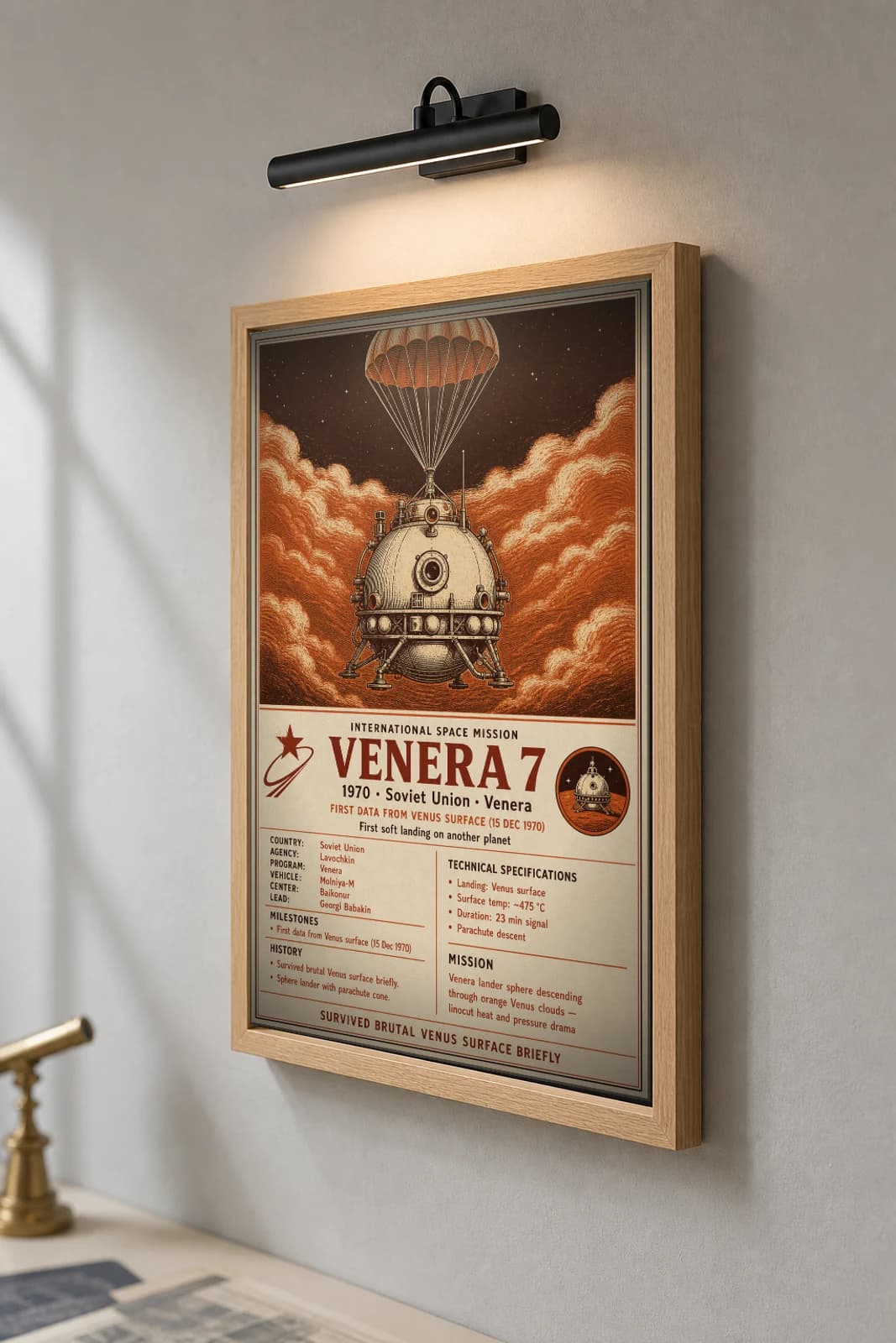 VENERA 7 Poster — 1970 Lavochkin International Space Mission Print · framed A2 — the framed print shown at a three-quarter angle on a styled gallery wall in a natural-oak frame