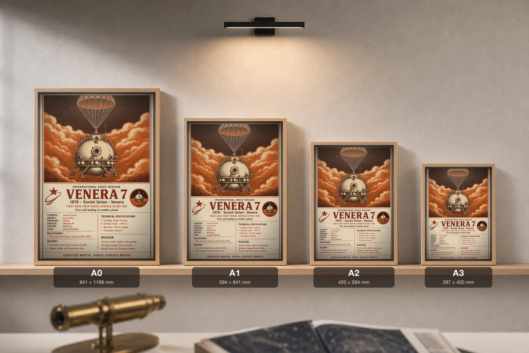 VENERA 7 Poster — 1970 Lavochkin International Space Mission Print · framed A2 — print size guide showing the artwork at A0, A1, A2 and A3 in natural-oak frames at true relative scale