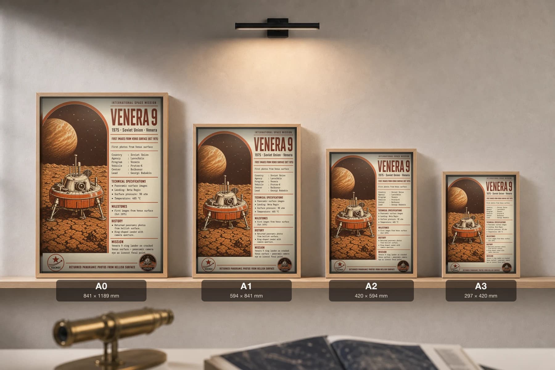 VENERA 9 Poster — 1975 Lavochkin International Space Mission Print · framed A2 — print size guide showing the artwork at A0, A1, A2 and A3 in natural-oak frames at true relative scale
