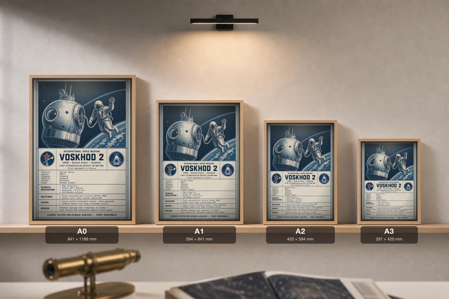 VOSKHOD 2 Poster — 1965 OKB-1 International Space Mission Print · framed A2 — print size guide showing the artwork at A0, A1, A2 and A3 in natural-oak frames at true relative scale