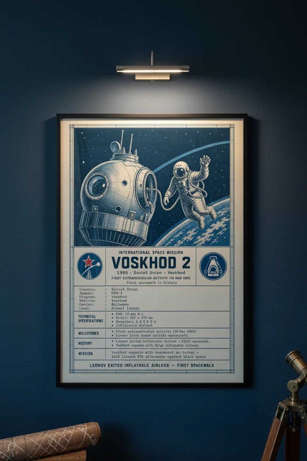 Voskhod 2 international space print in black A2 frame on voskhod-2-accent deep-navy wall — International Space mockup