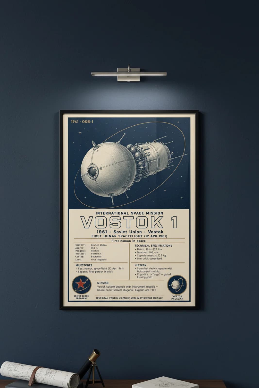Vostok 1 international space print in black A2 frame on vostok-1-accent deep-navy wall — International Space mockup