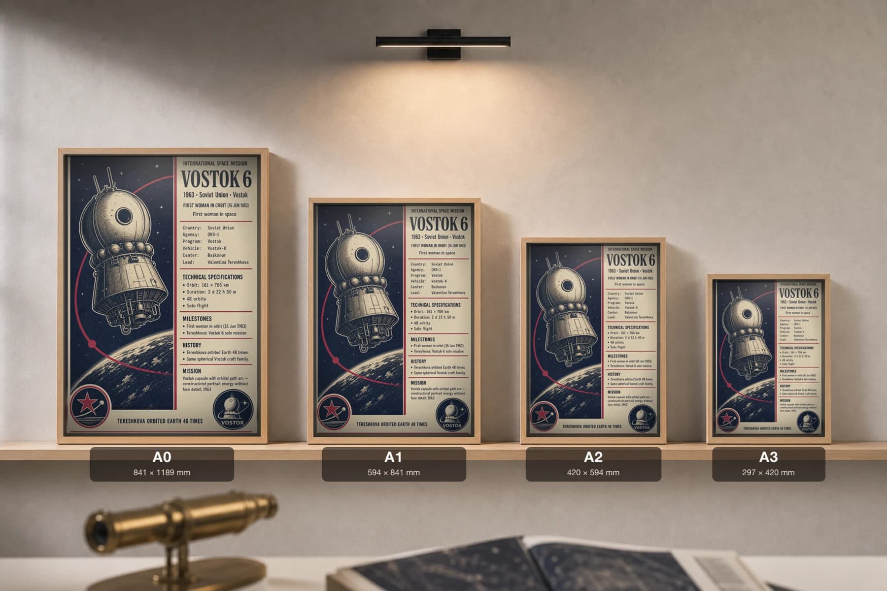 VOSTOK 6 Poster — 1963 OKB-1 International Space Mission Print · framed A2 — print size guide showing the artwork at A0, A1, A2 and A3 in natural-oak frames at true relative scale