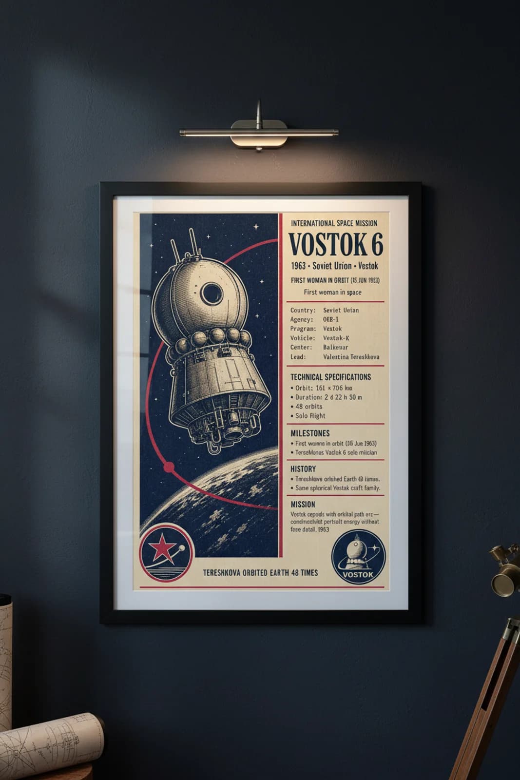 Vostok 6 international space print in black A2 frame on vostok-6-accent deep-navy wall — International Space mockup