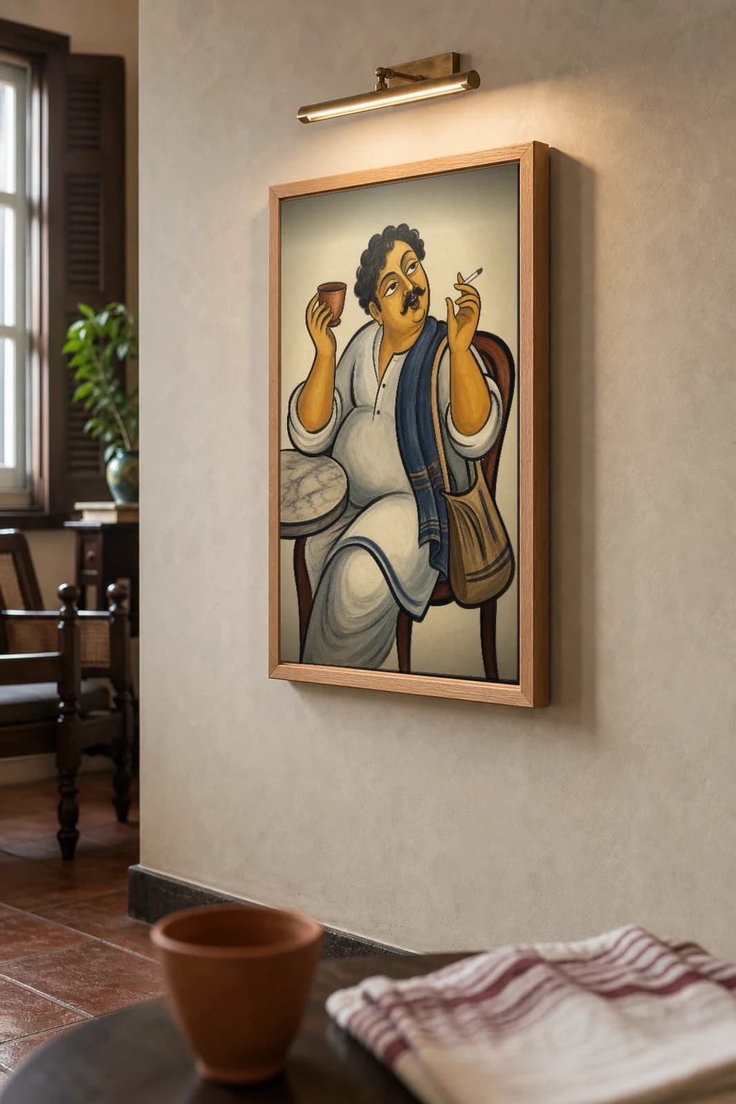 The Adda Buddhijibi Kalighat Print — Bengal's armchair intellectual with cha and cigarette, contemporary patua social satire, hand-numbered collector edition — the framed print shown at a three-quarter angle on a styled gallery wall in a natural-oak frame