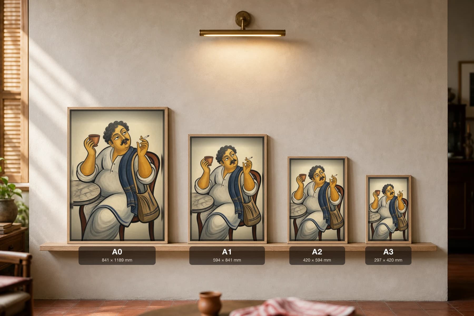 The Adda Buddhijibi Kalighat Print — Bengal's armchair intellectual with cha and cigarette, contemporary patua social satire, hand-numbered collector edition — print size guide showing the artwork at A0, A1, A2 and A3 in natural-oak frames at true relative scale