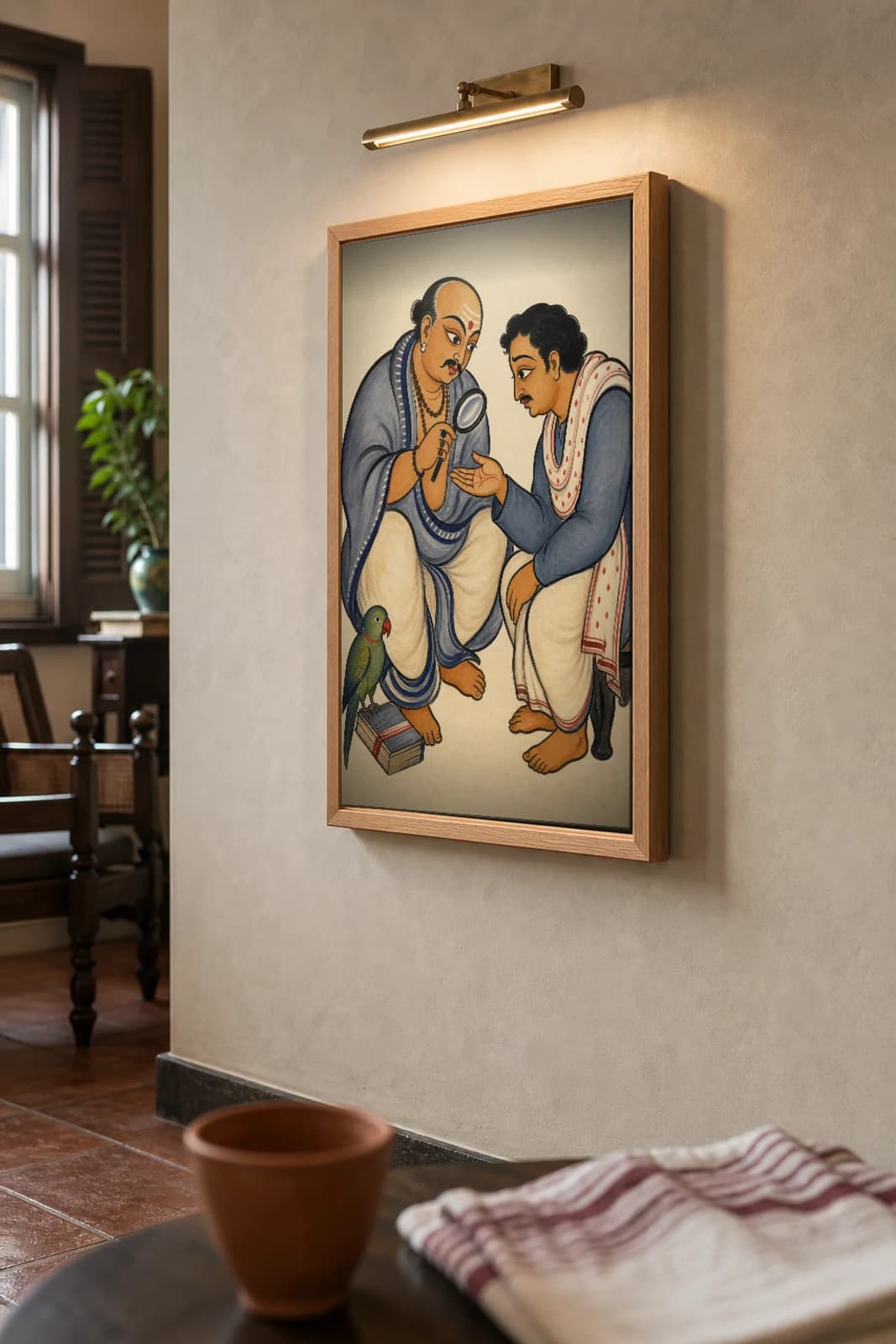 The Jyotishi Kalighat Print — the bald astrologer reads a worried client's palm through a magnifying glass, contemporary Bengal patua satire, hand-numbered collector edition — the framed print shown at a three-quarter angle on a styled gallery wall in a natural-oak frame