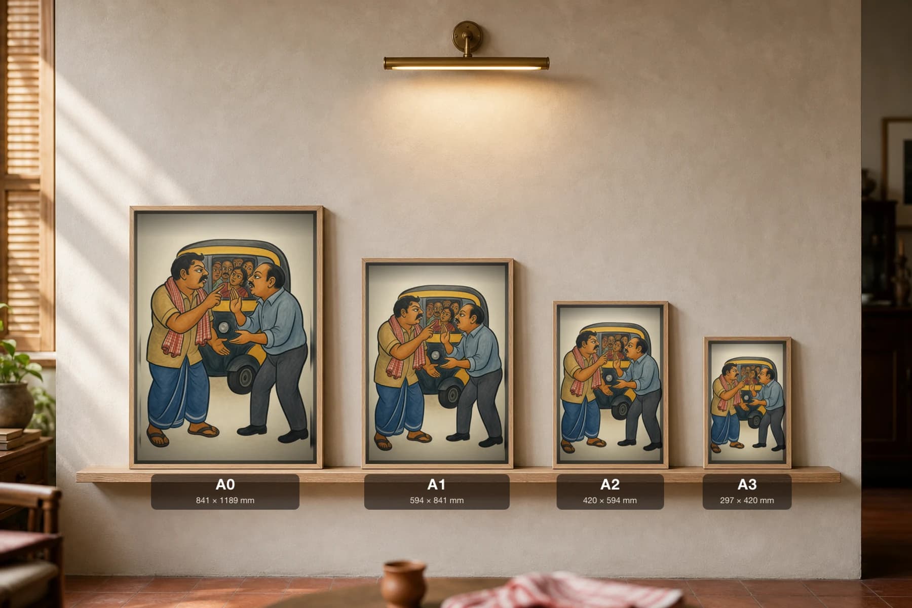 The Auto-Wallah Kalighat Print — the autorickshaw driver and a passenger haggling over the fare at a crowded stand, contemporary Bengal patua satire, hand-numbered collector edition — print size guide showing the artwork at A0, A1, A2 and A3 in natural-oak frames at true relative scale